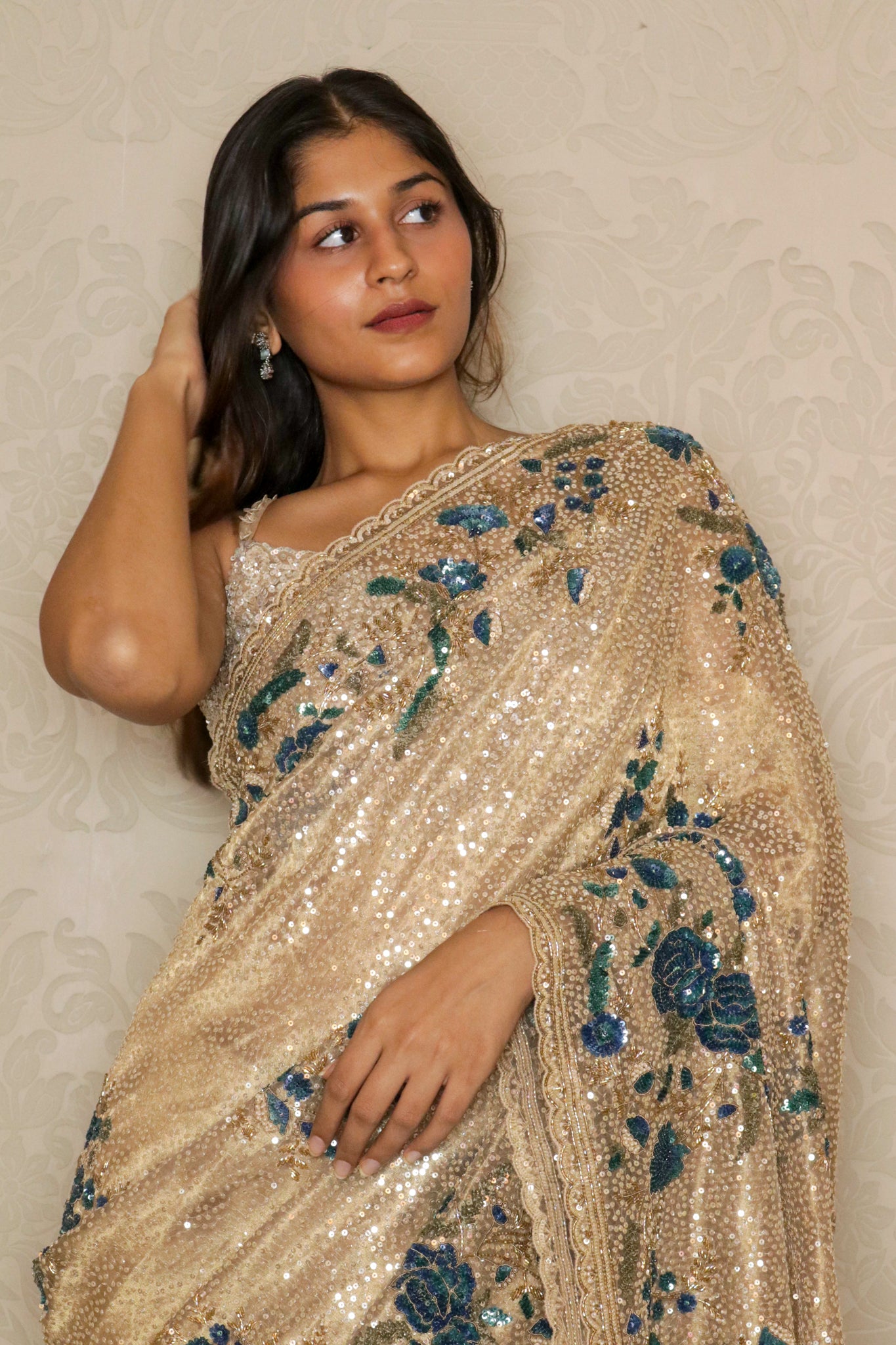 Gold Sequin Organza Saree with Matching Blouse