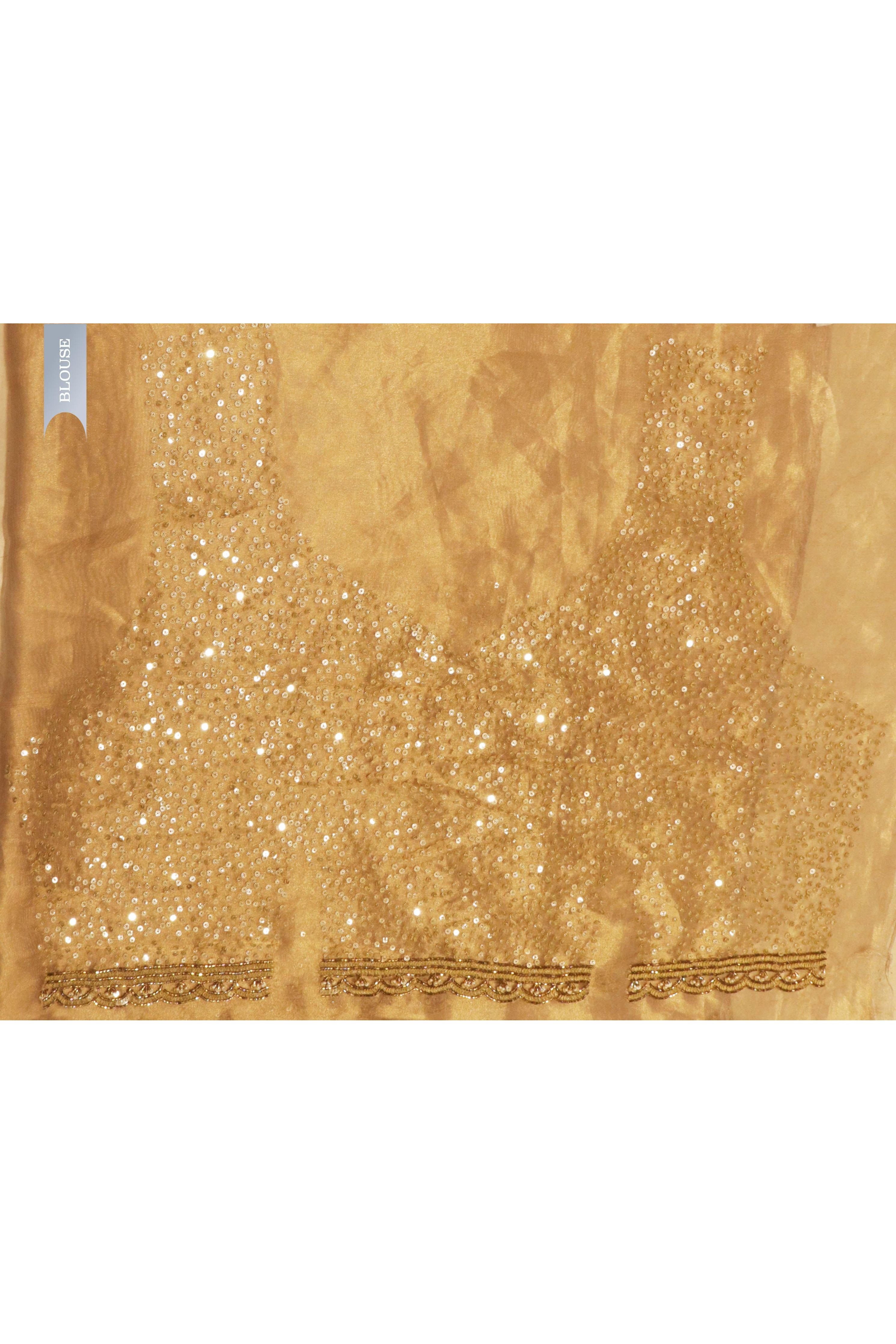 Gold Sequin Organza Saree with Matching Blouse - Mokshaa