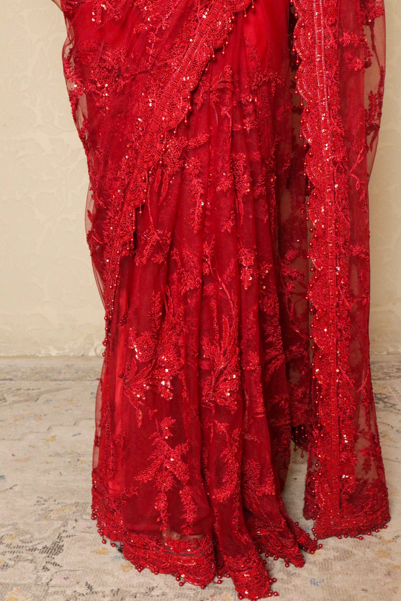 Red Net Saree with Thread & Sequin Embroidery