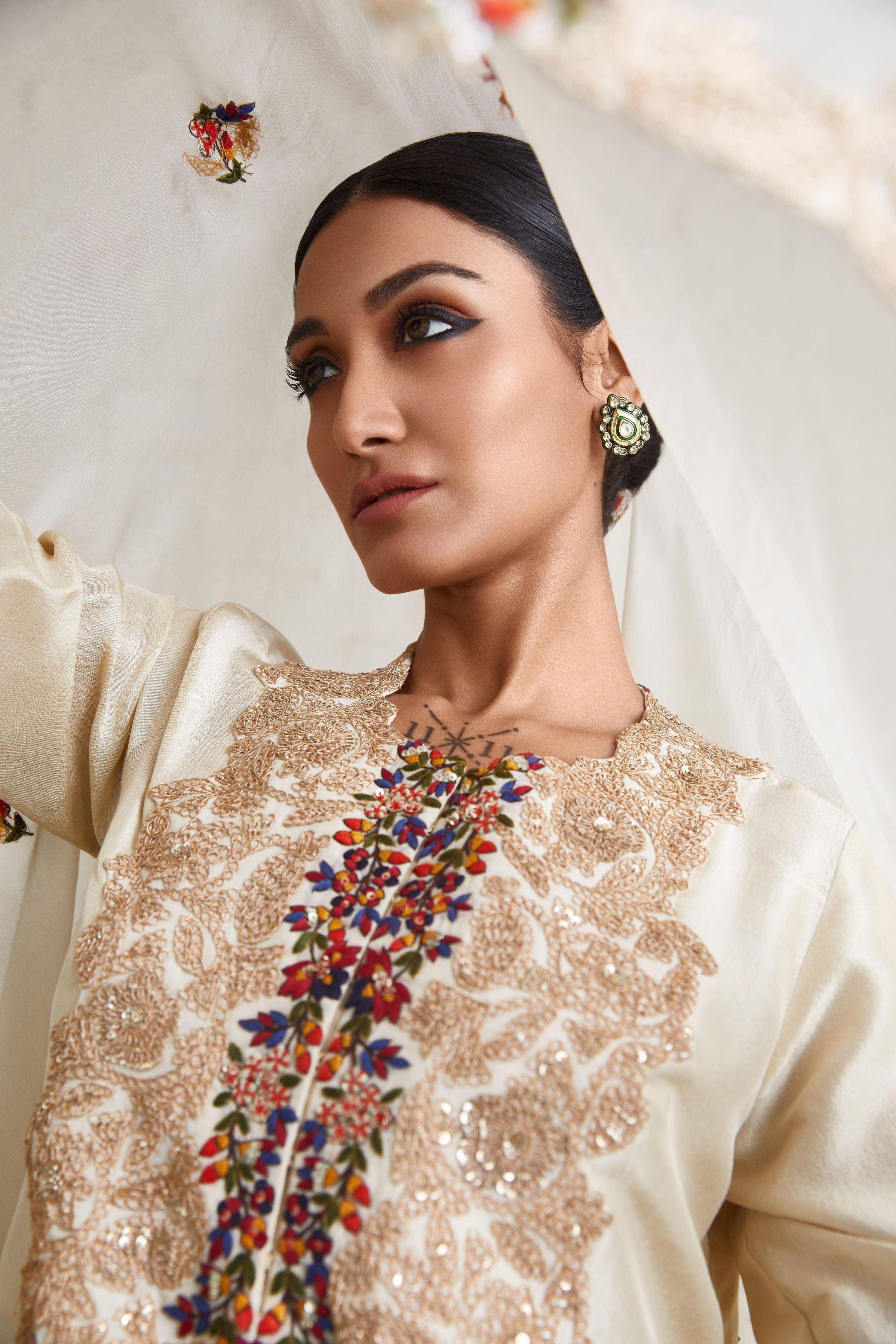 Ivory silk kurta with dhoti and dupatta Mokshaa