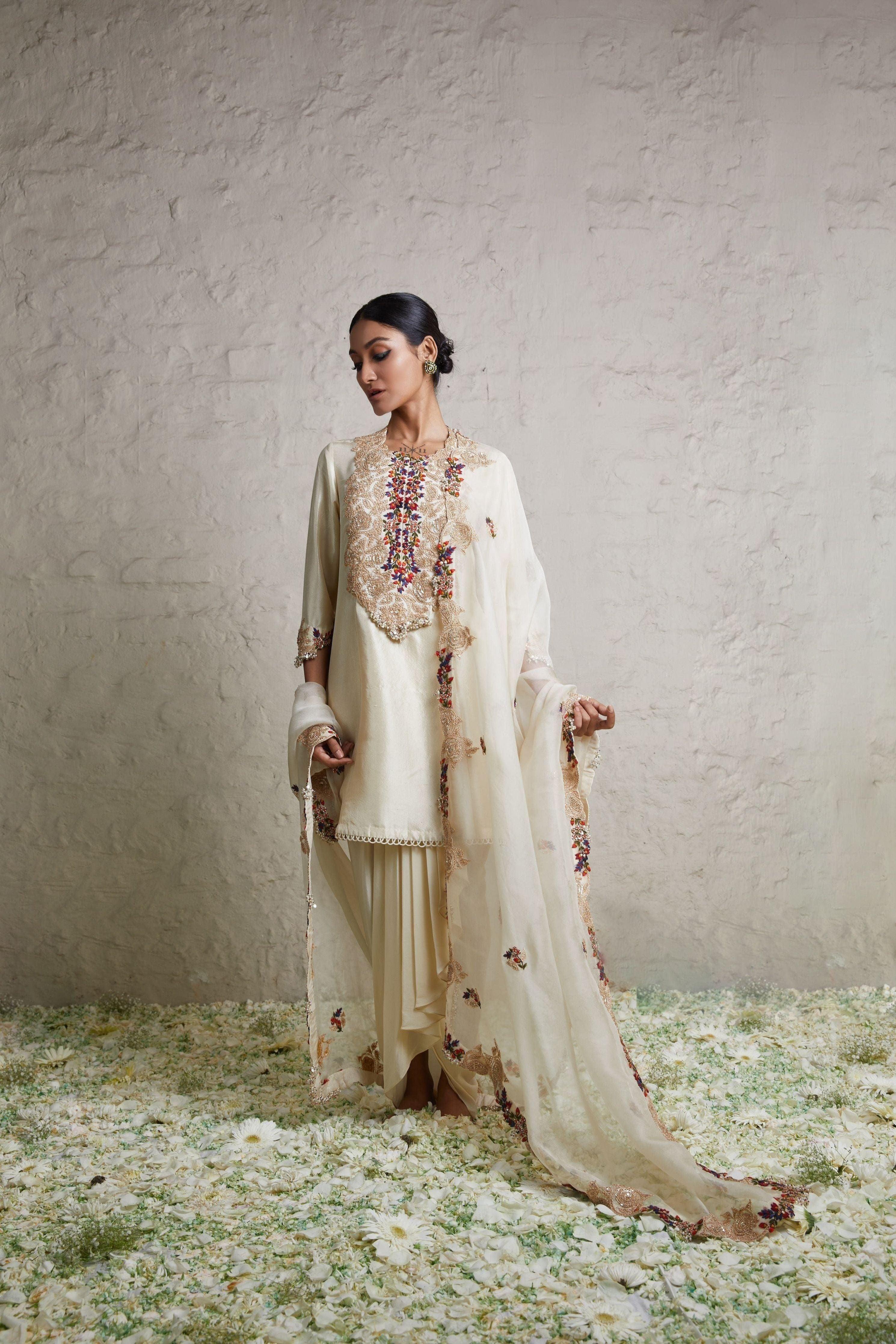 Ivory silk kurta with dhoti and dupatta Mokshaa