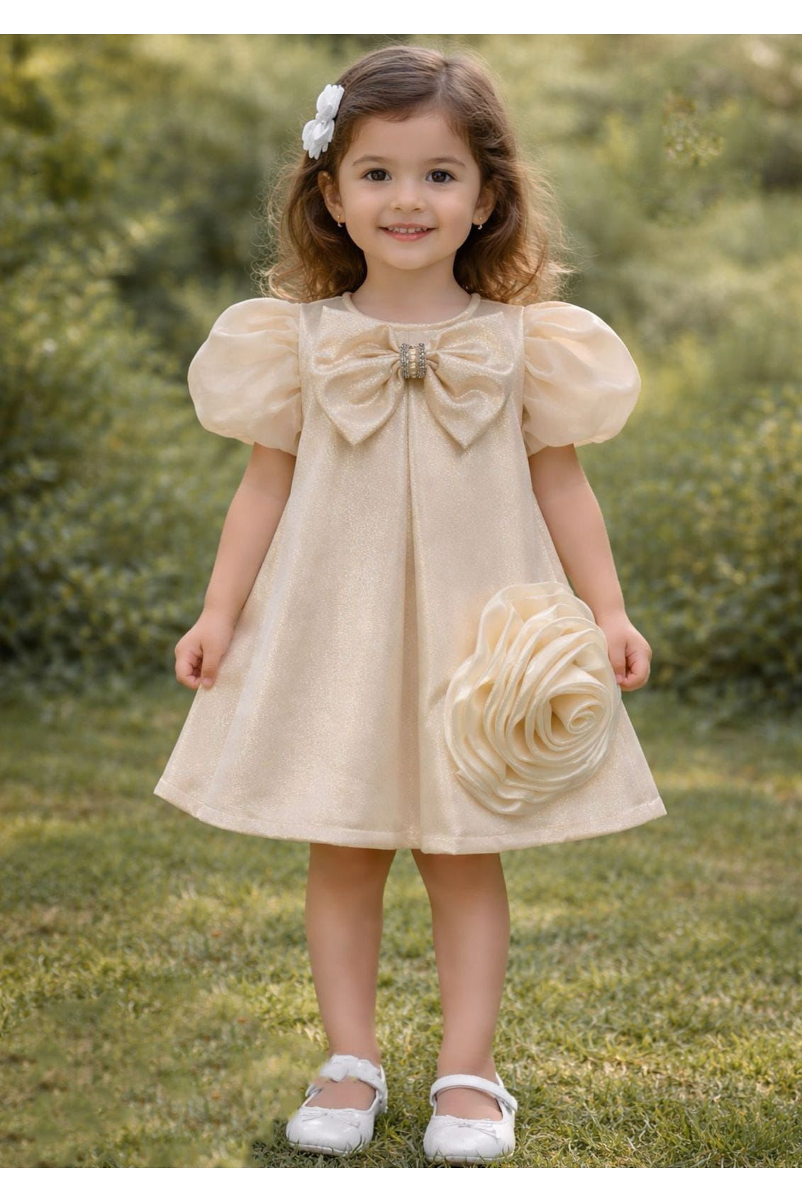 Golden Shimmer Bow & 3D Rose Frock for Girls