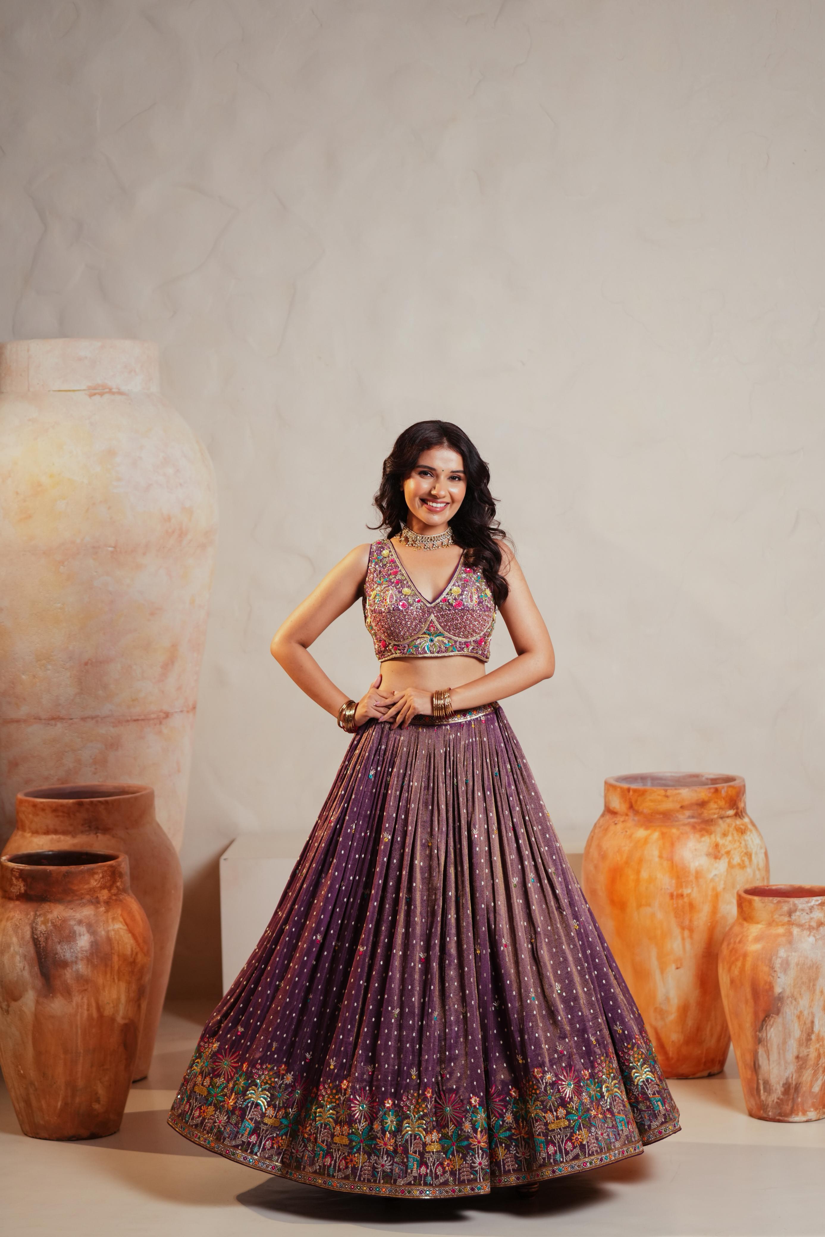 Plum Tissue Lehenga with Multicolor Jungle Embroidery & Mirror Accents