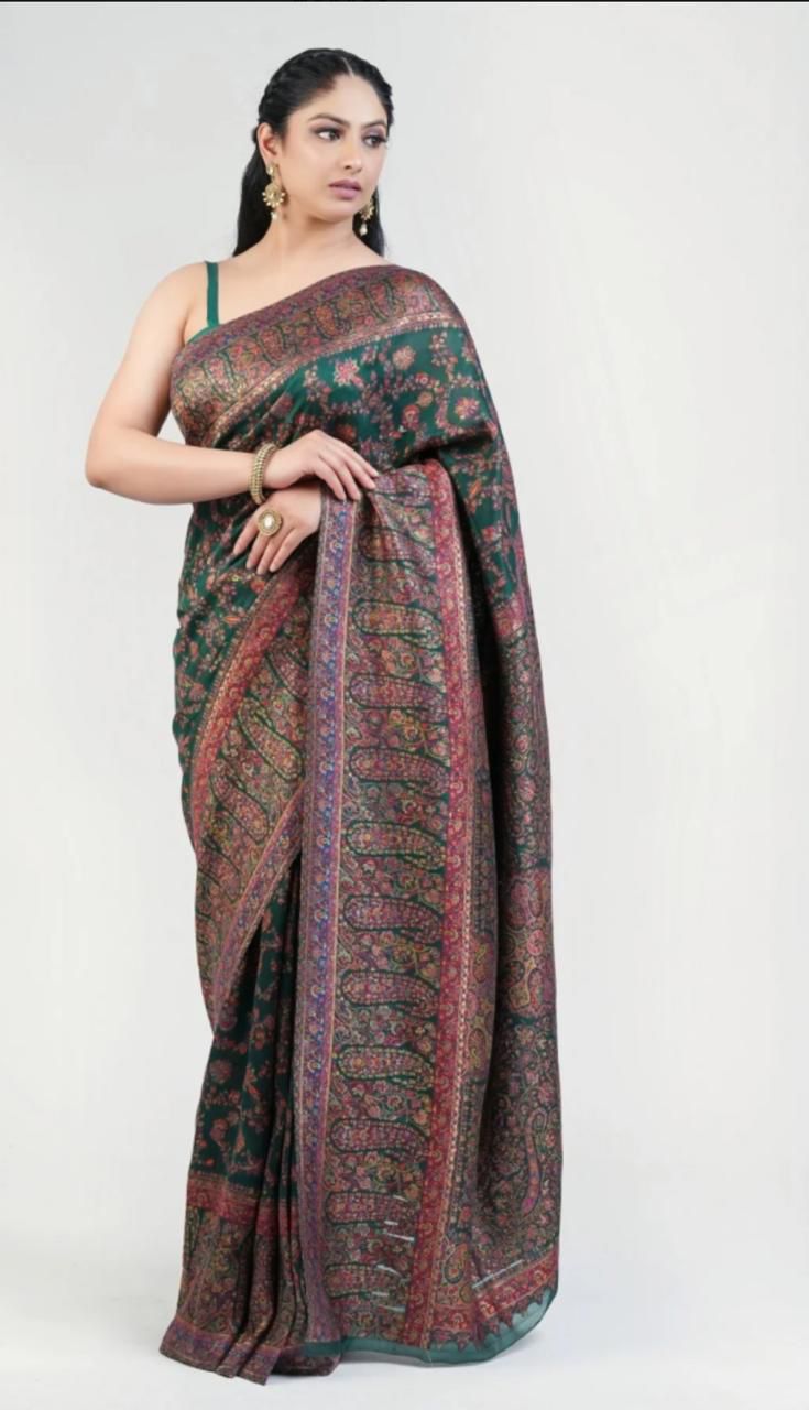 Deep Green Pashmina Saree with Intricate All-Over Woven Motifs & Unstitched Blouse