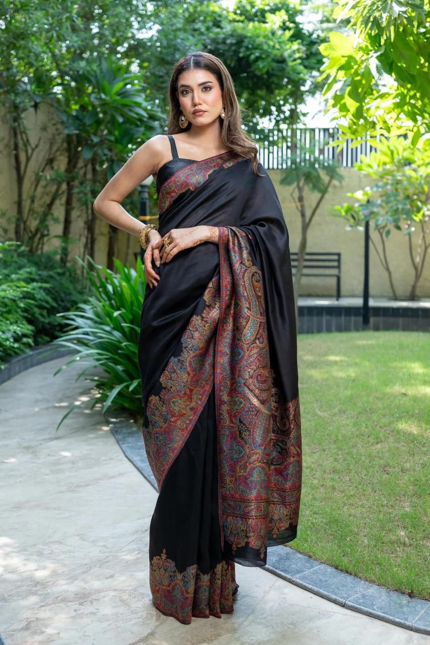 Classic Black Pashmina Woven Saree