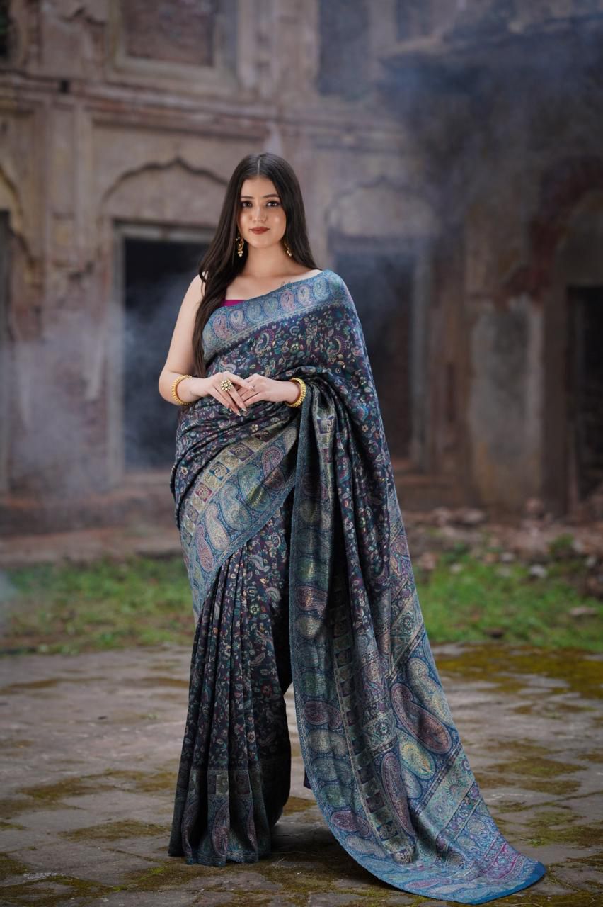 Midnight Blue Pashmina Woven Saree