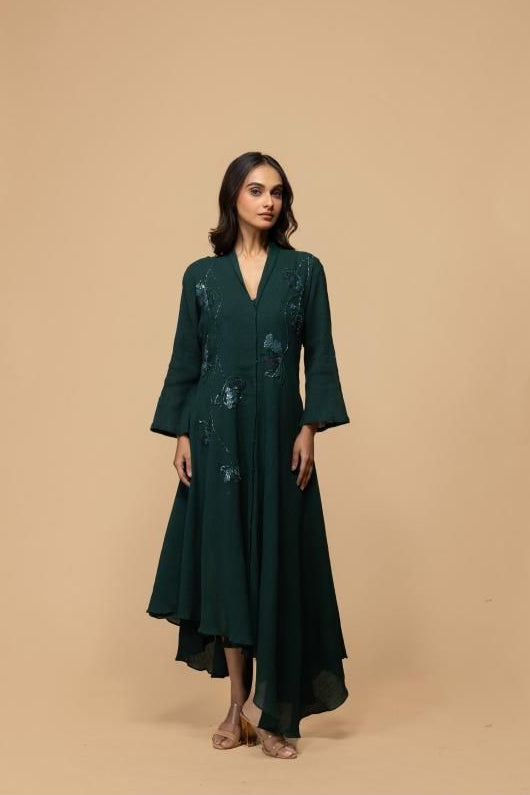 Emerald Green Asymmetric Embroidered Dress | Premium Lehengas | Mokshaa S Emerald Green Asymmetric Embroidered Dress | Premium Lehengas | Mokshaa S