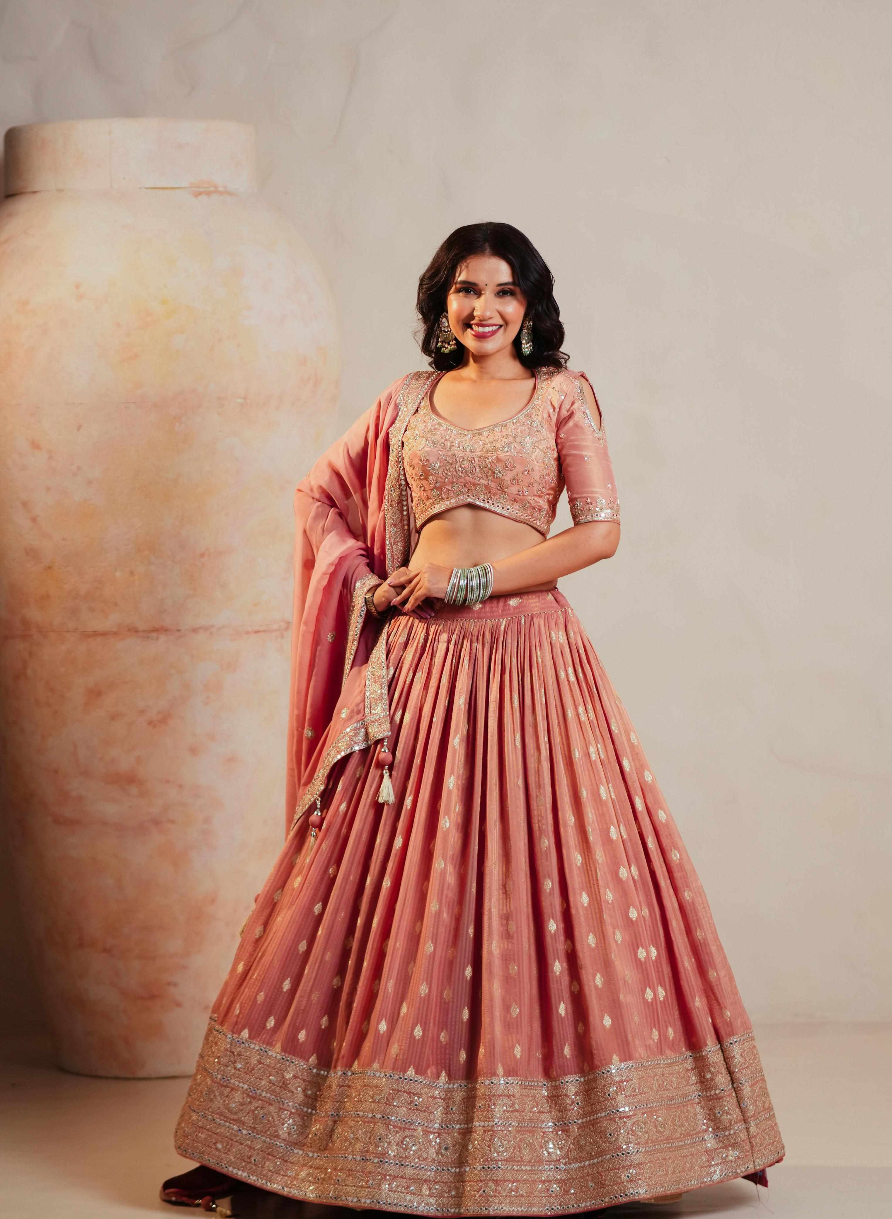 Peach Tissue Lehenga with Zari Weaving & Sequin Embroidered Blouse
