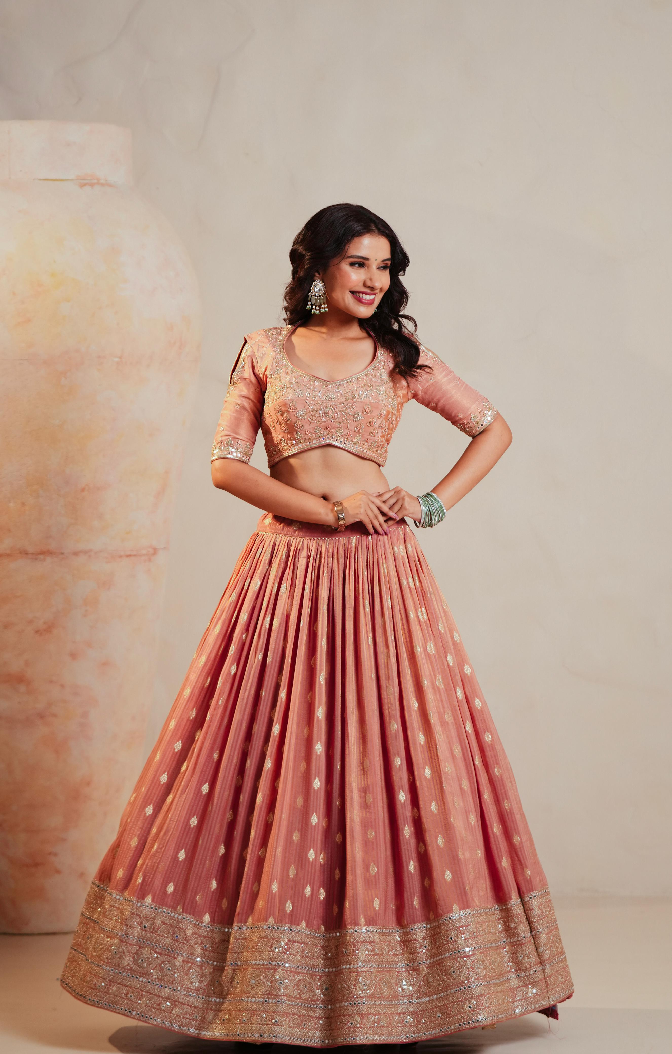 Peach Tissue Lehenga with Zari Weaving & Sequin Embroidered Blouse