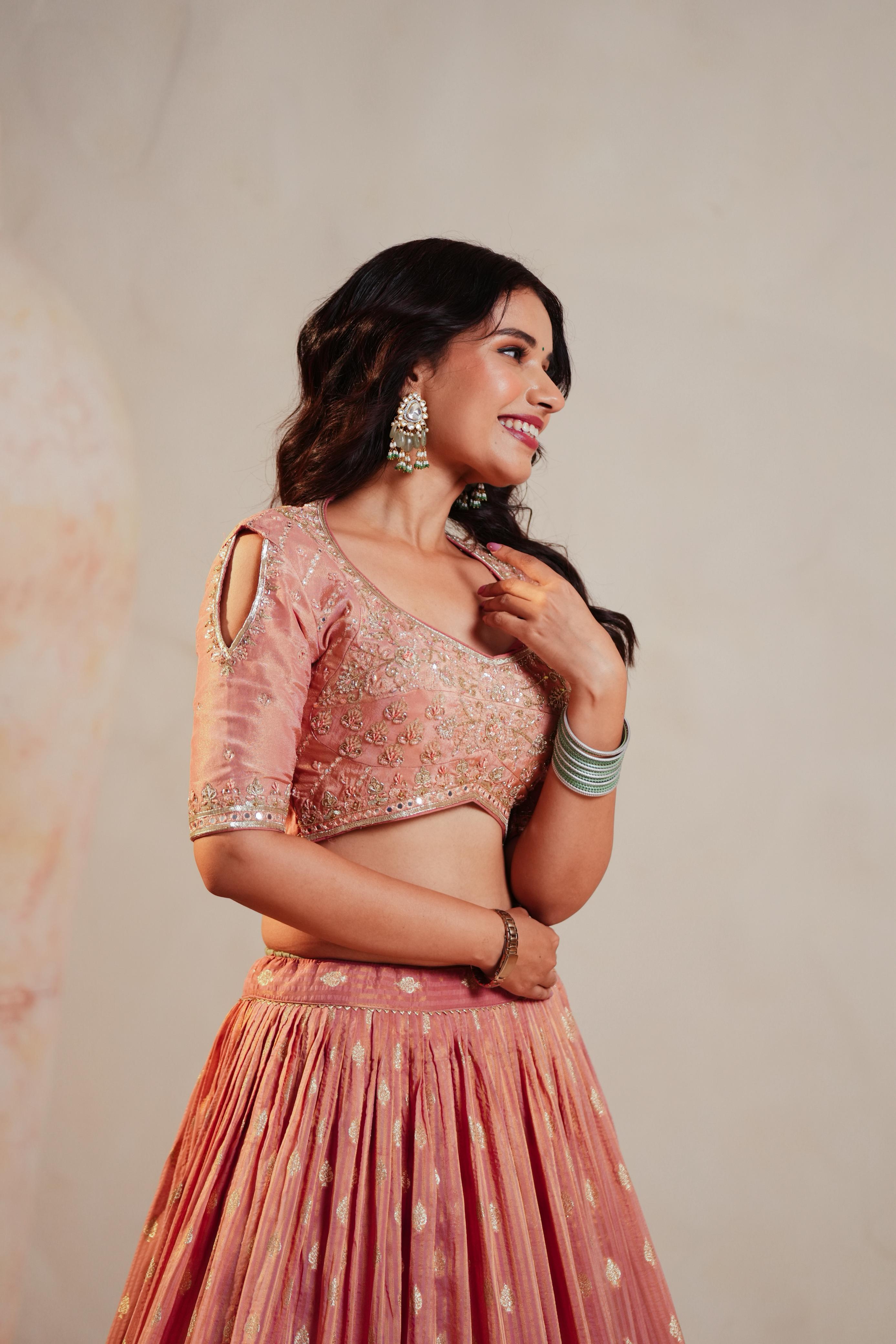 Peach Tissue Lehenga with Zari Weaving & Sequin Embroidered Blouse