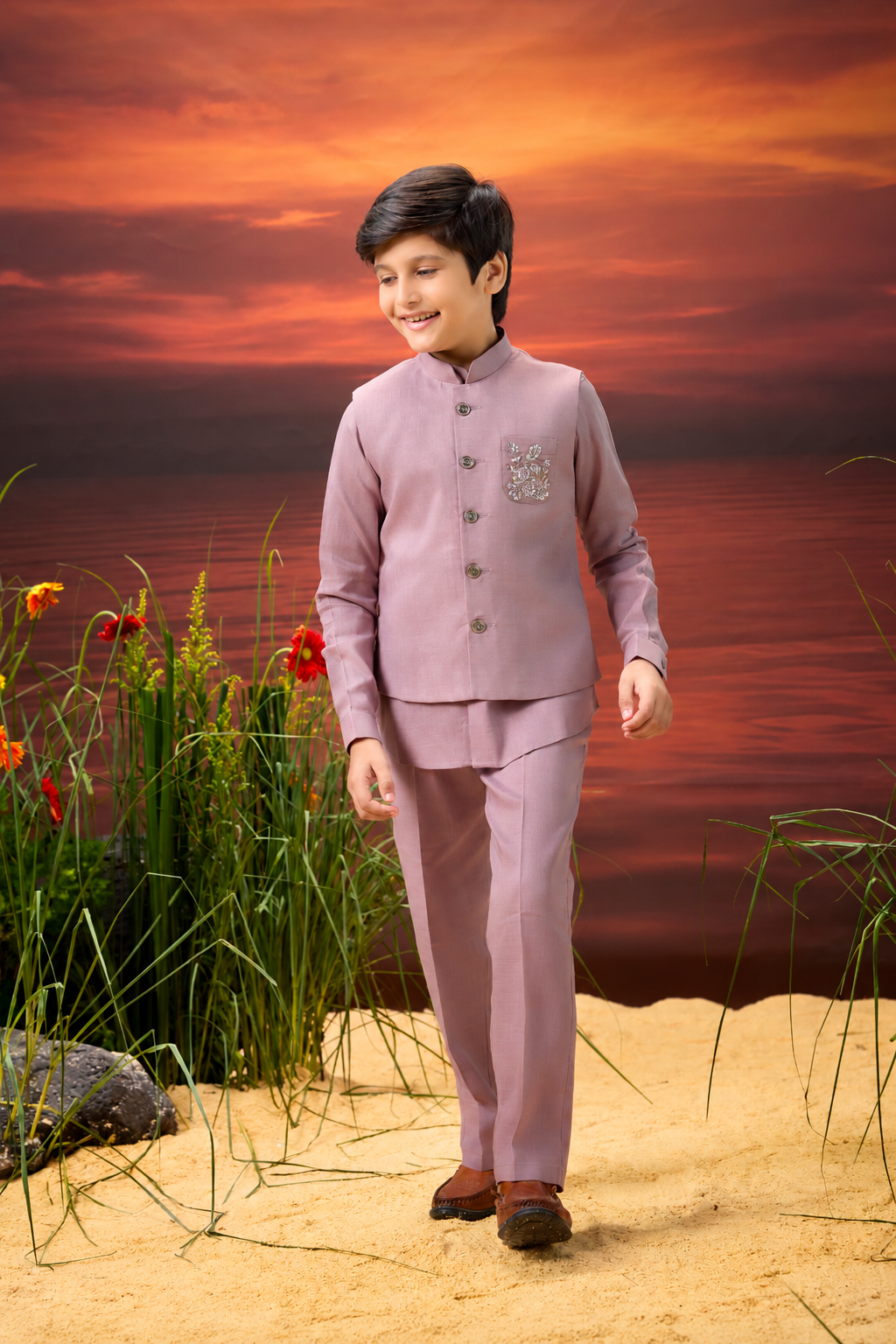 Dusty Mauve Indo-Western Jacket Set for Boys