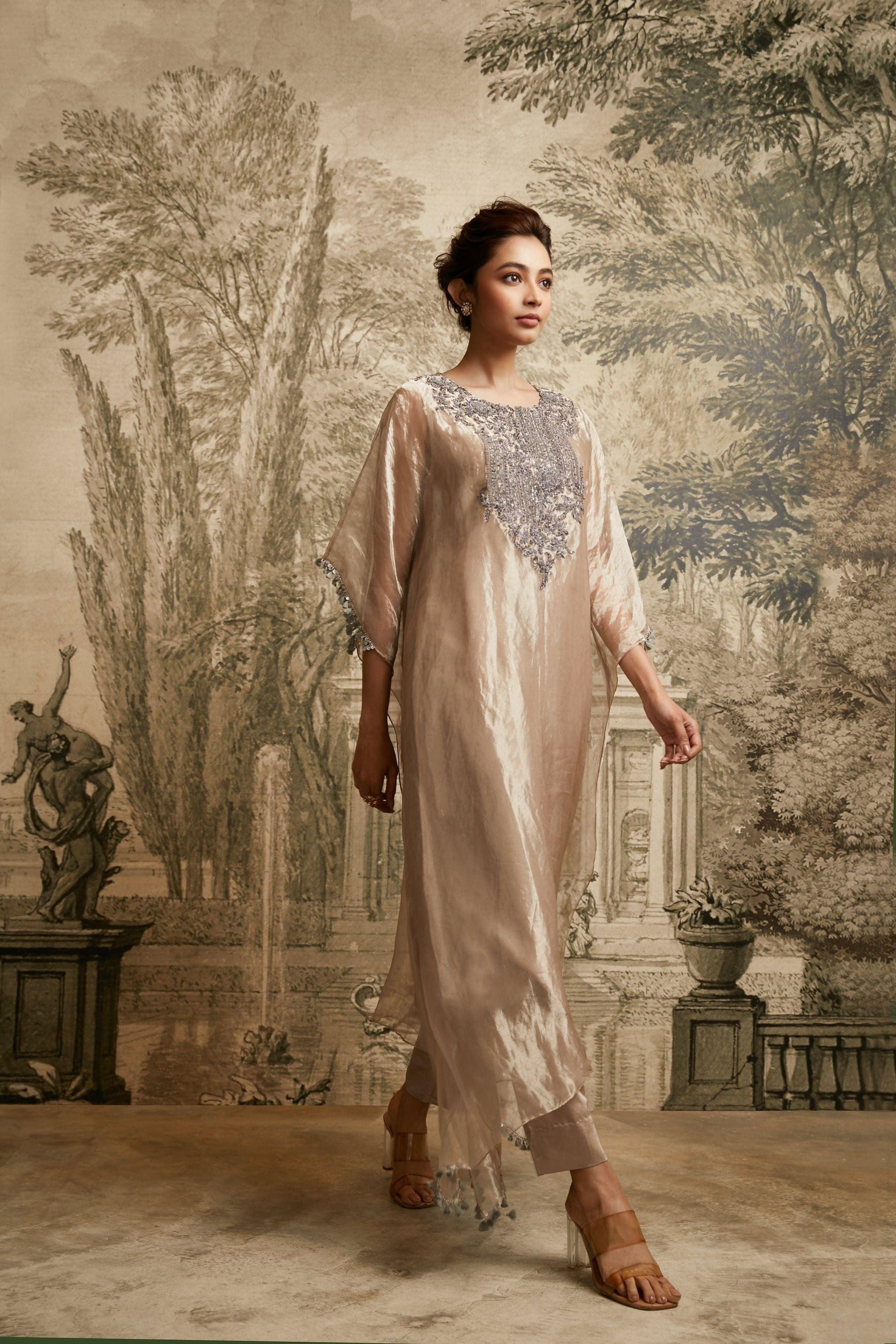 champagne kaftan dress ~ Our Champagne  Kaftan is back in stock~, ~ The fabric is SILK with a  LUXURIOUS feel to it & the colour~, ~ It also comes with a free SCARF~ ,  ~ Free size with an inner belt to cinch the waist,