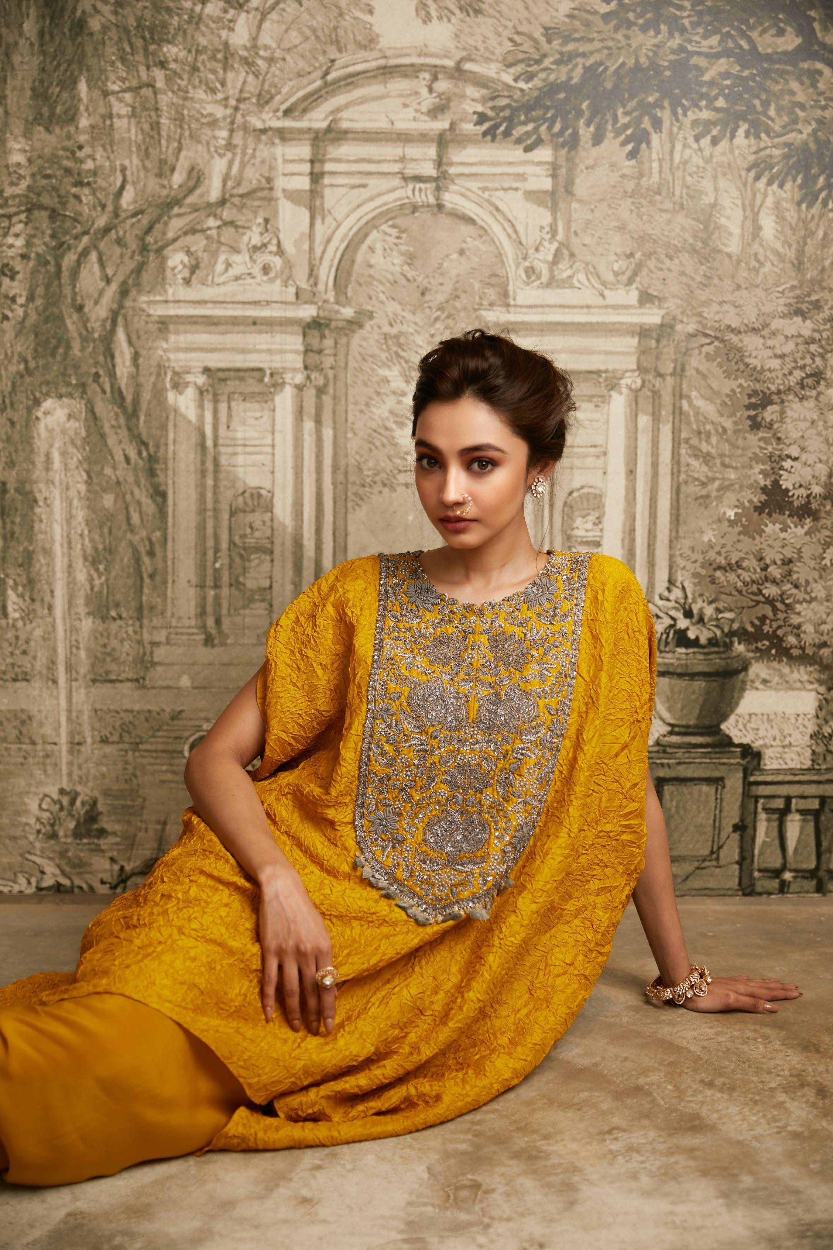 Mustard Antique Crushed Kaftan - Mokshaa
