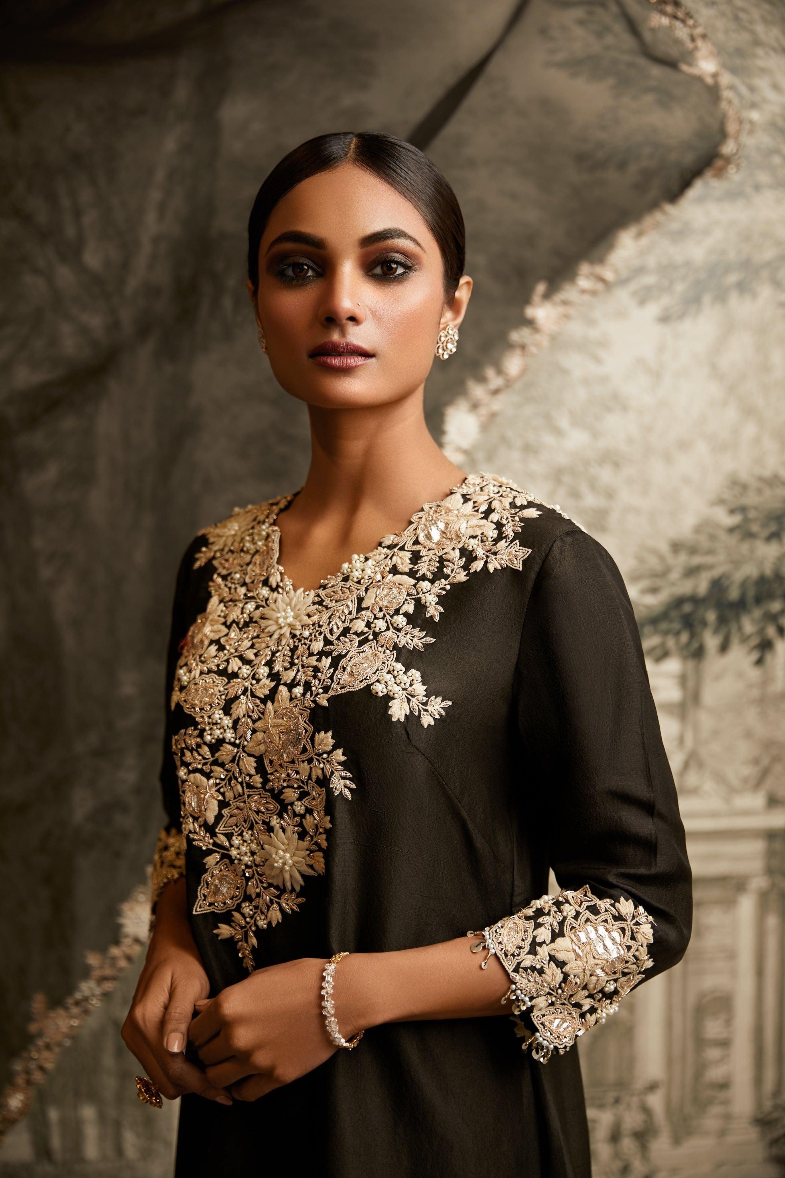 Black 3D Flower Long Suit - Mokshaa