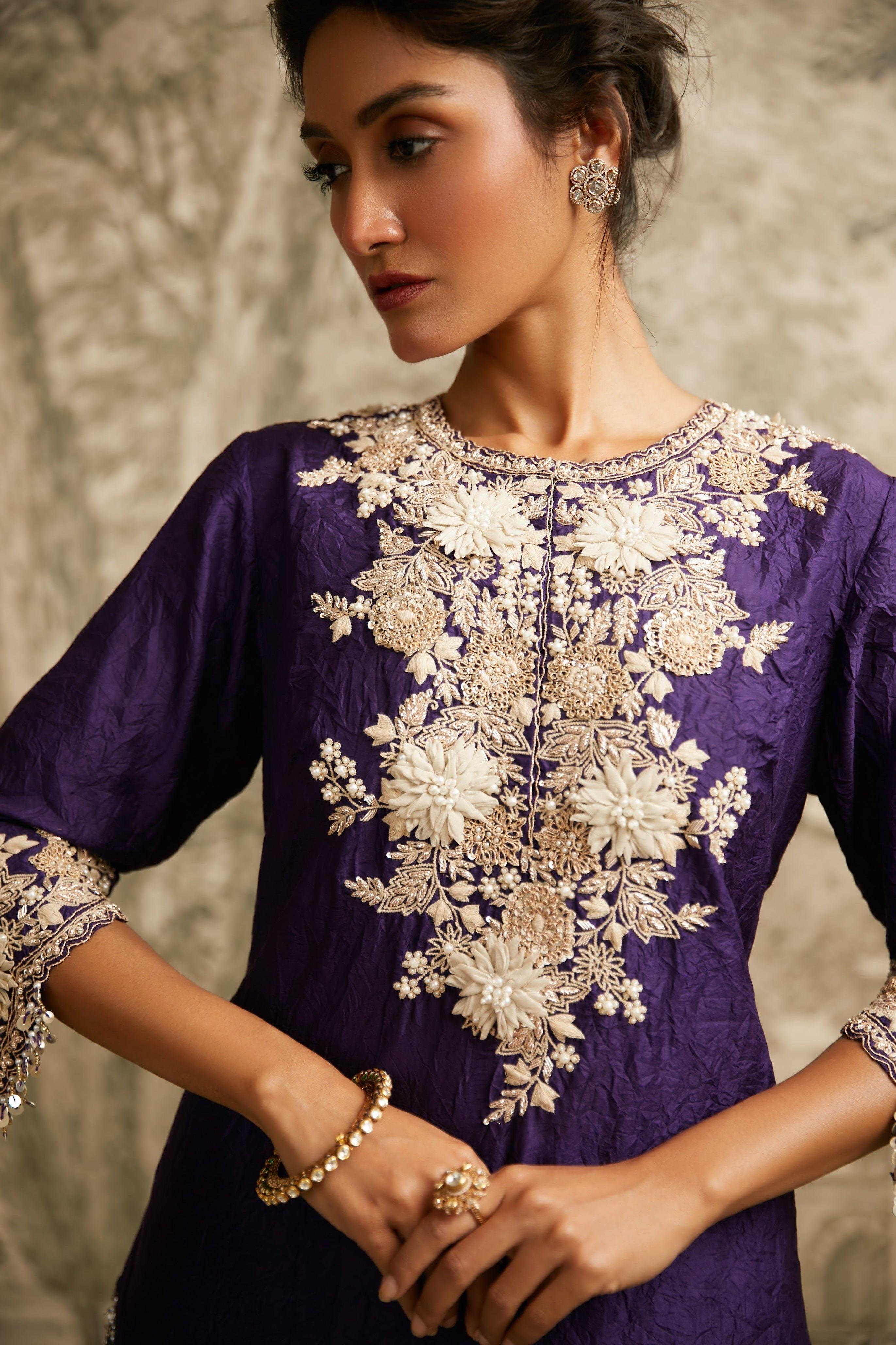 Dark Purple 3D Flower Lampi Short Suit - Mokshaa