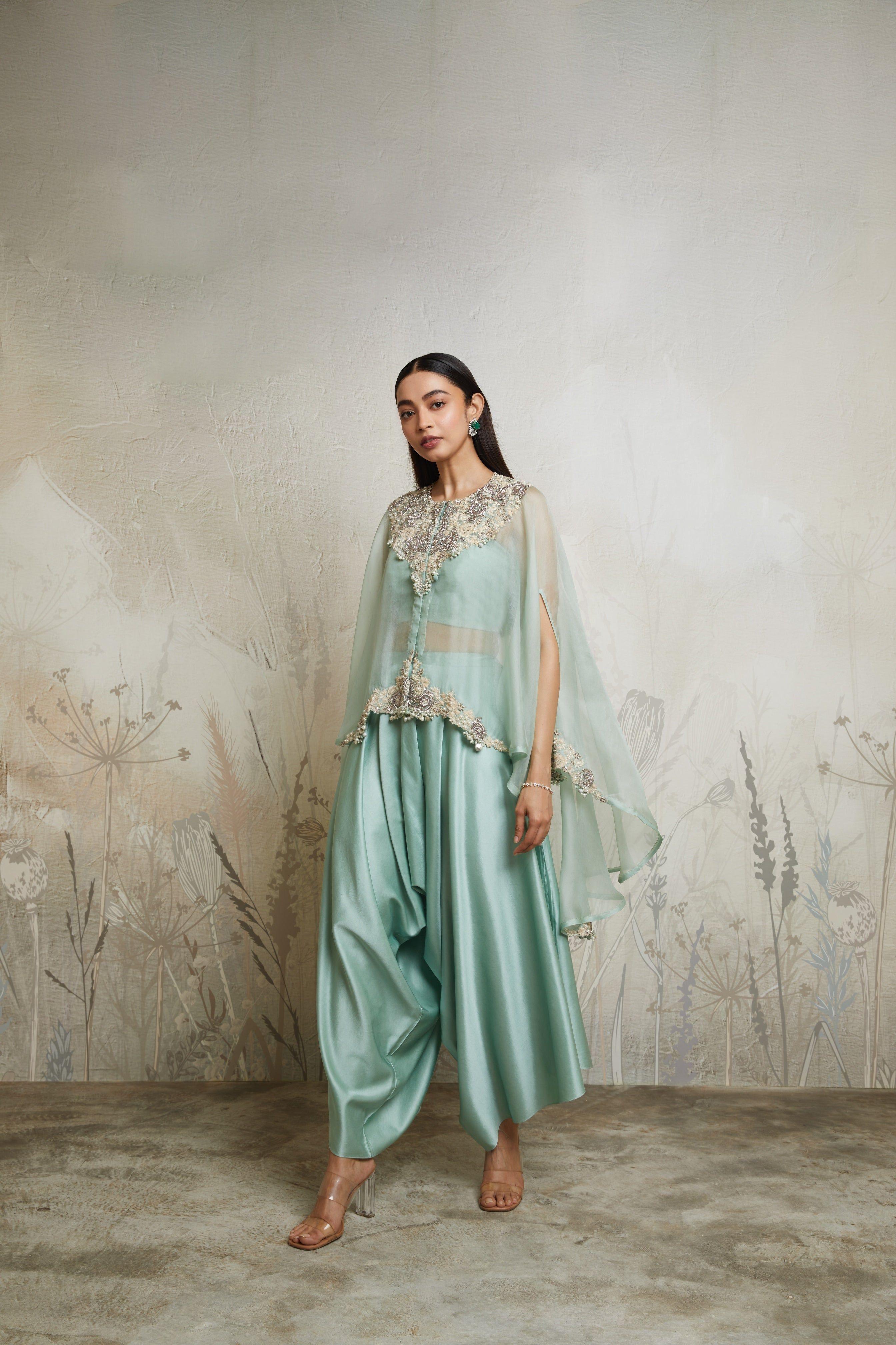 Aqua umbrella kaftaan with bustier and asymetric pants Mokshaa