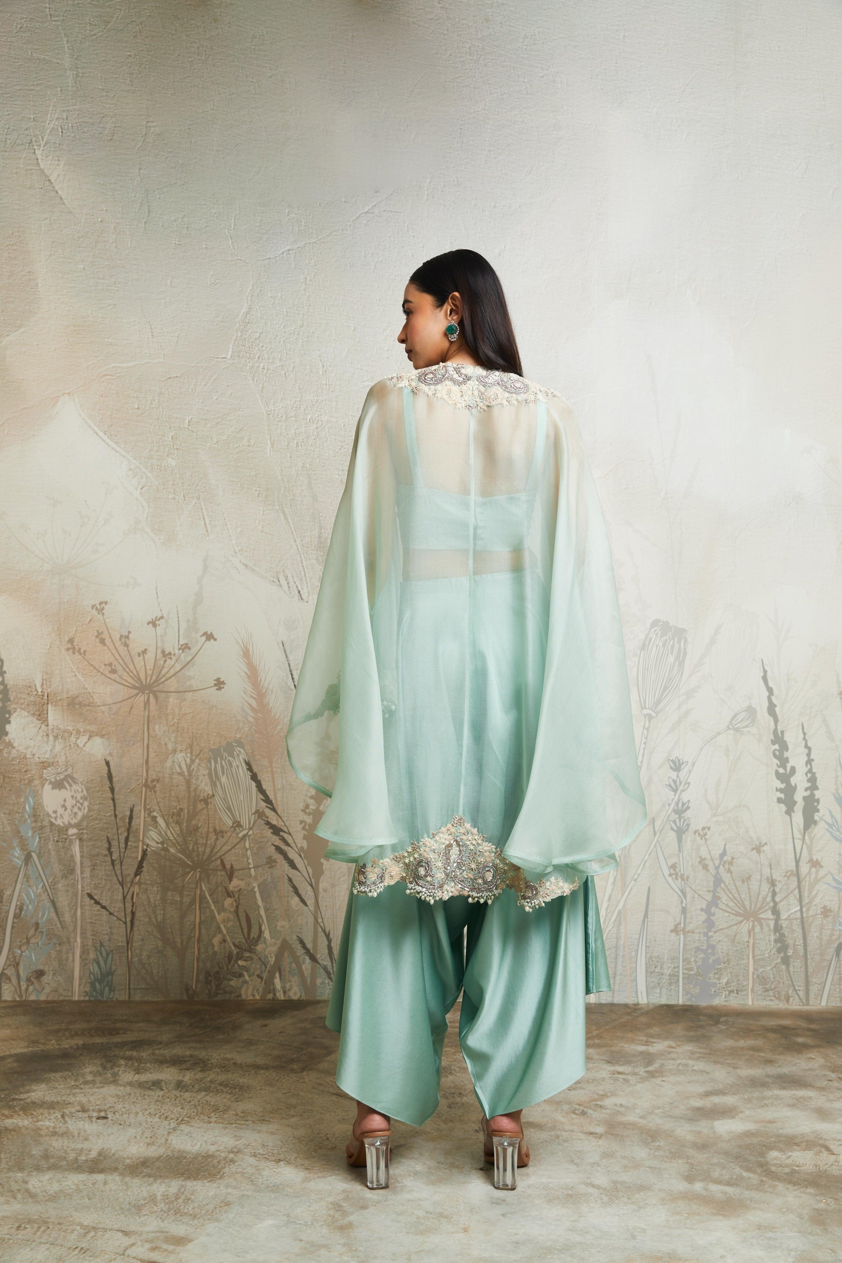 Aqua umbrella kaftaan with bustier and asymetric pants Mokshaa