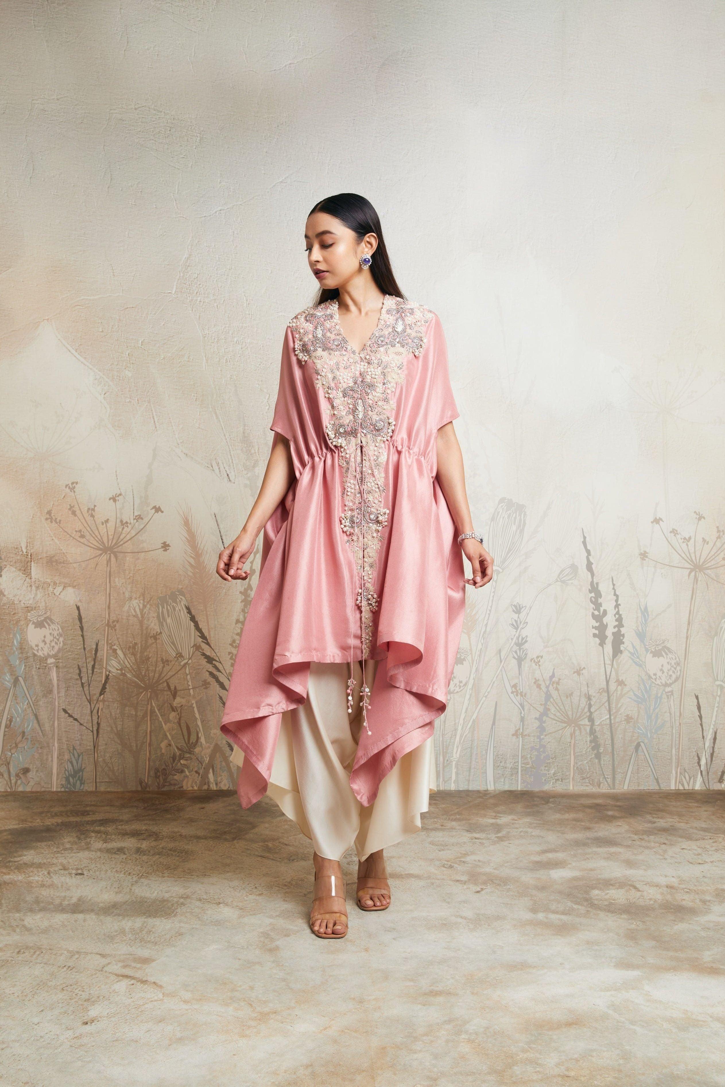 Dark Flamingo Pull Dori Kaftan Set with Asymmetric Pants Mokshaa