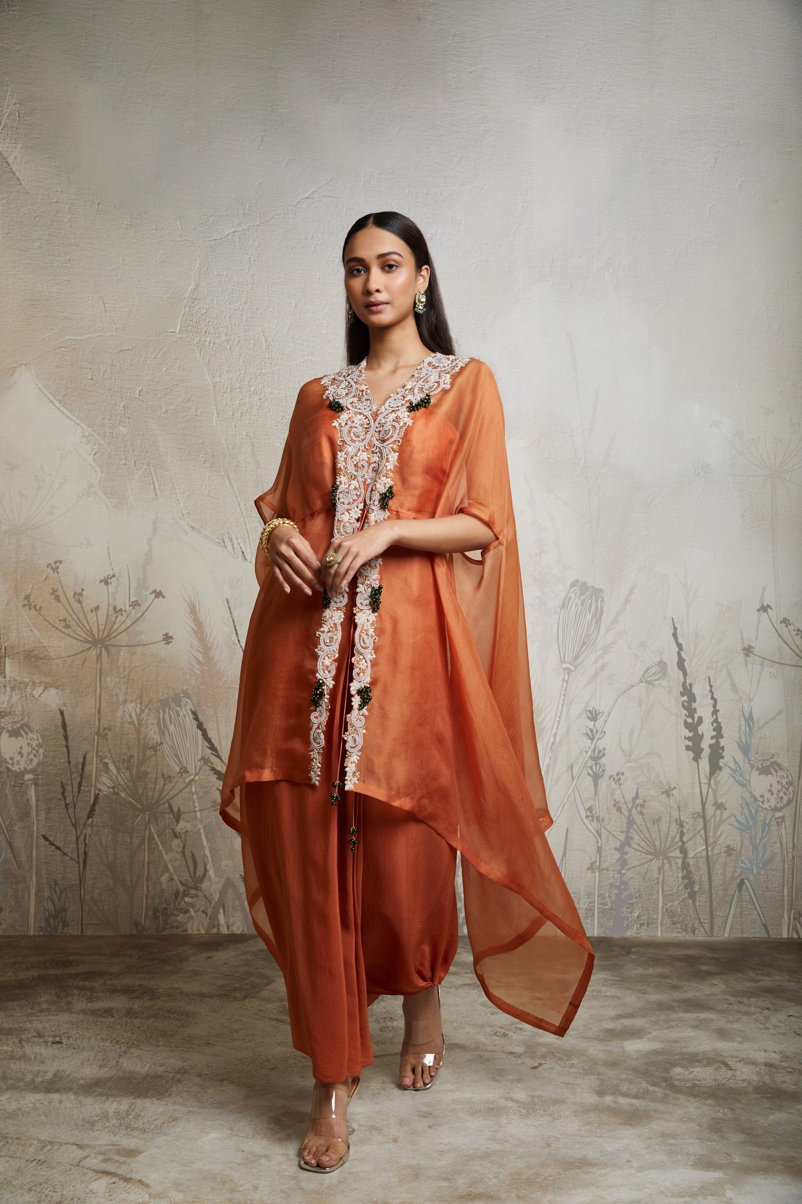 Rust Pull Dori Kaftan Set with Bustier & Asymmetric Pants Mokshaa