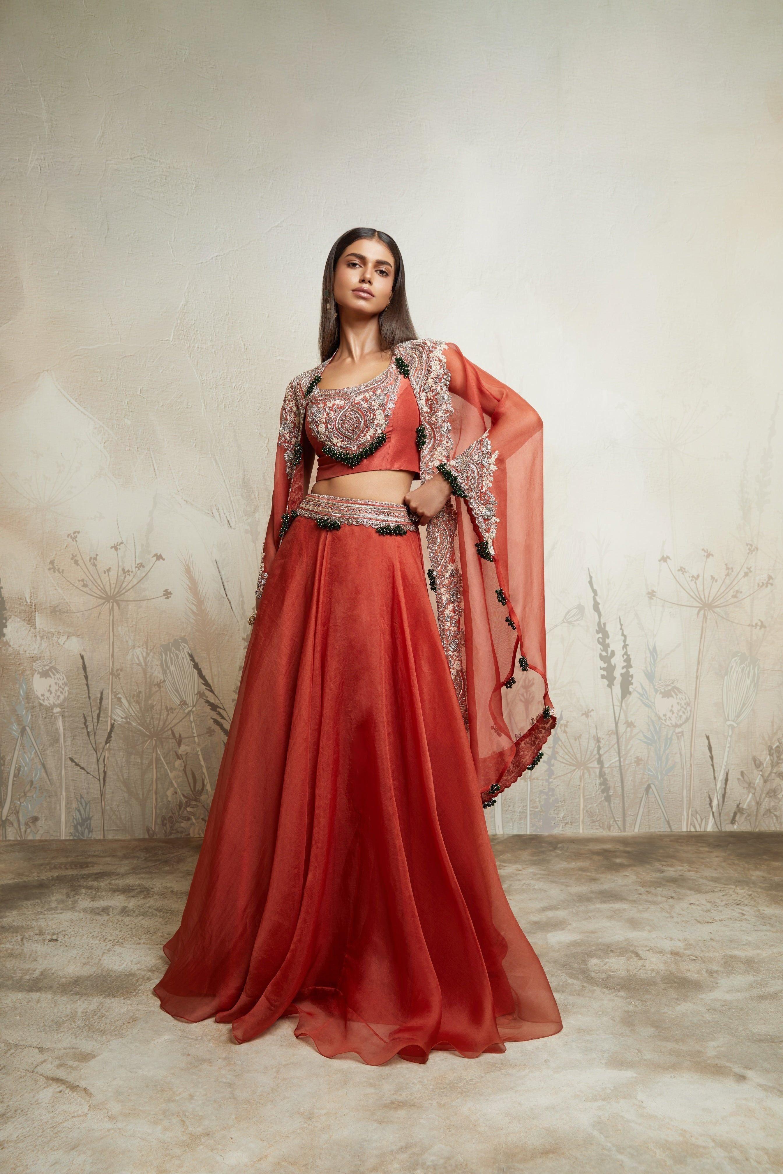 Deep Orange Blouse with Skirt and Cape Mokshaa