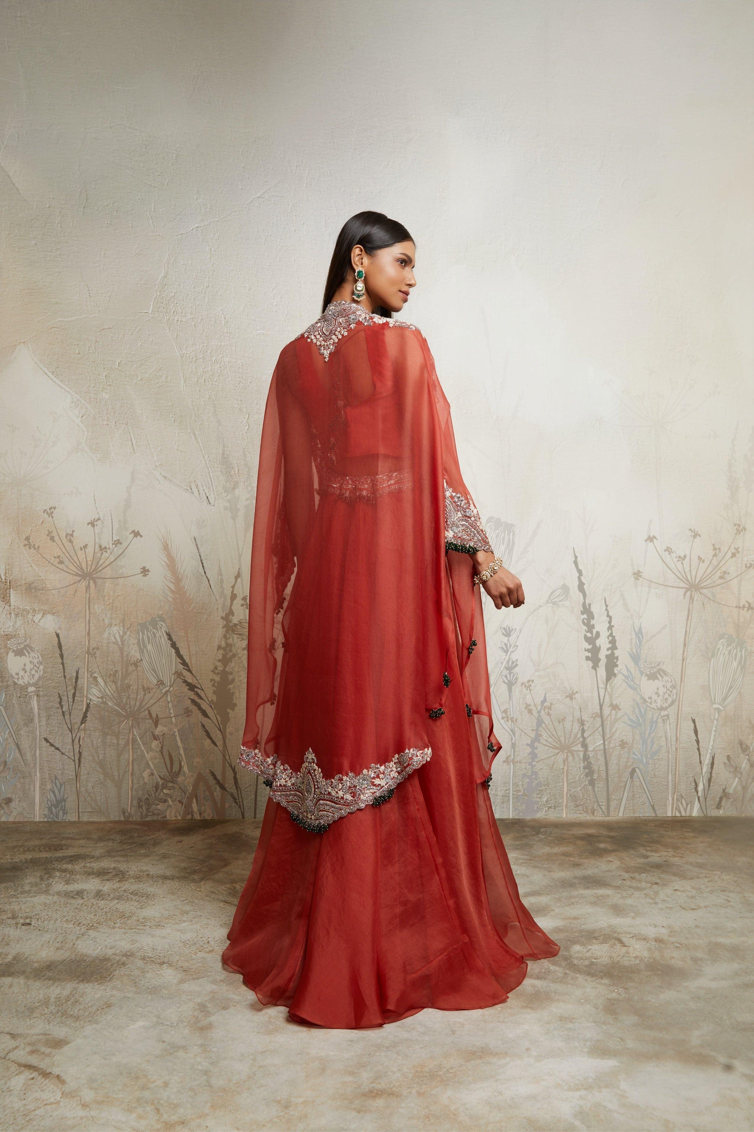 Deep Orange Blouse with Skirt and Cape Mokshaa