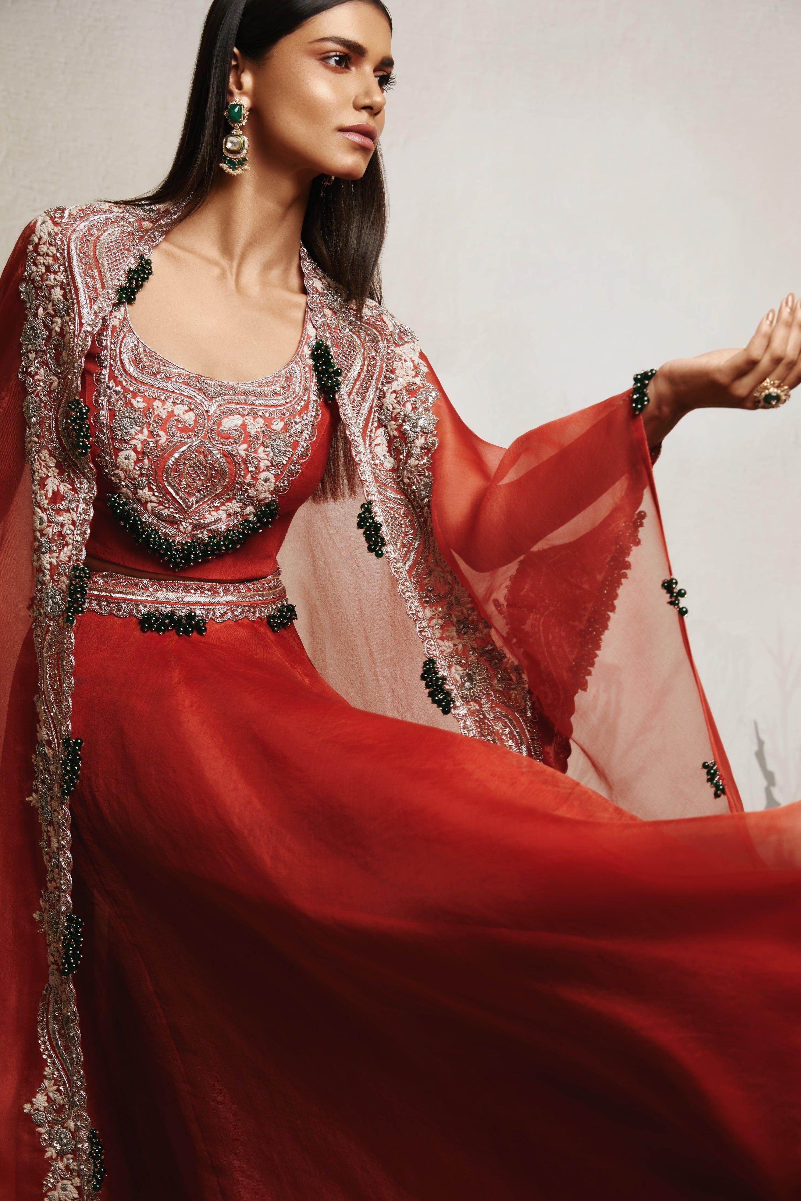 Deep Orange Blouse with Skirt and Cape Mokshaa