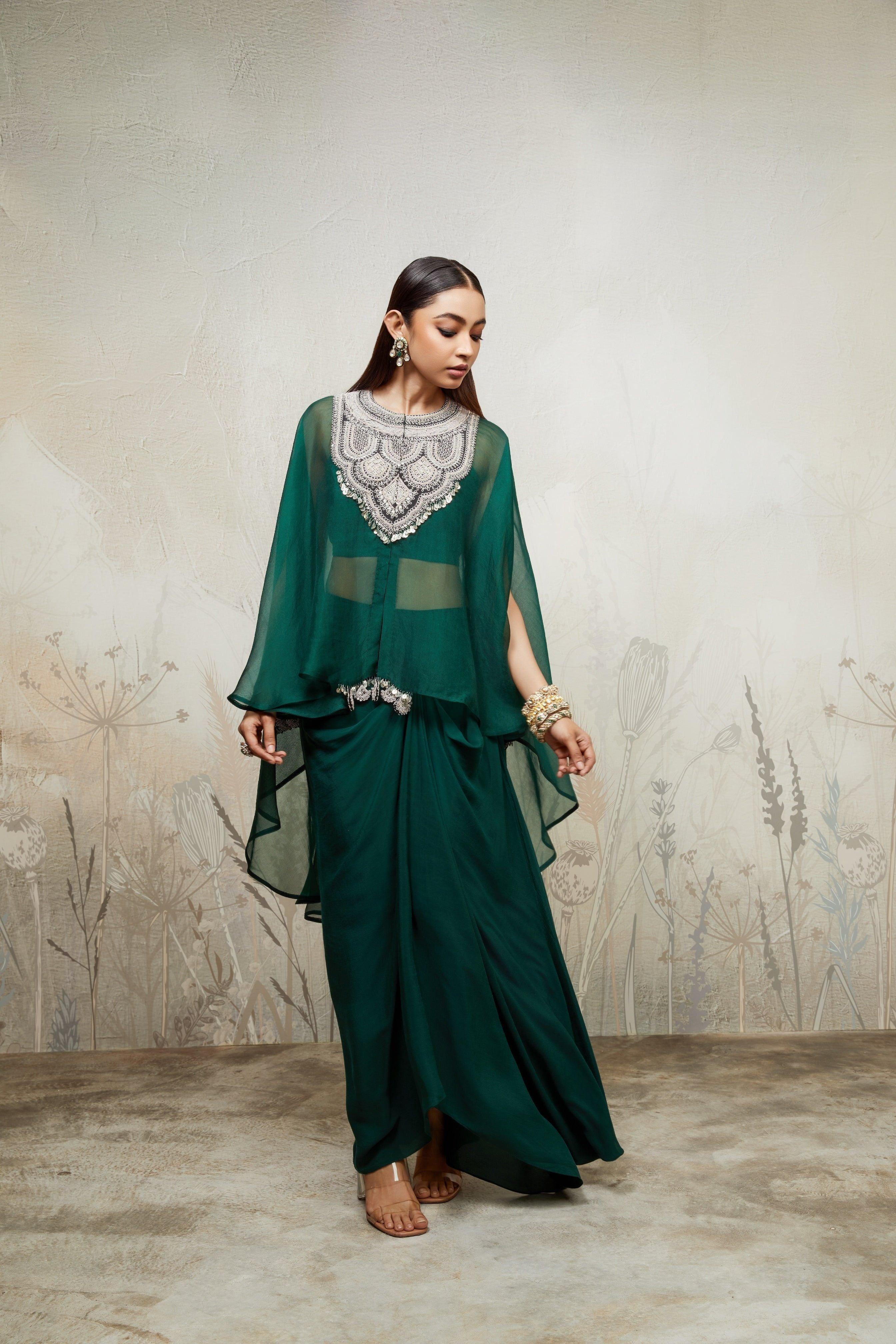 Bottle Green Umbrella Kaftan with Bustier and Drape Skirt Mokshaa