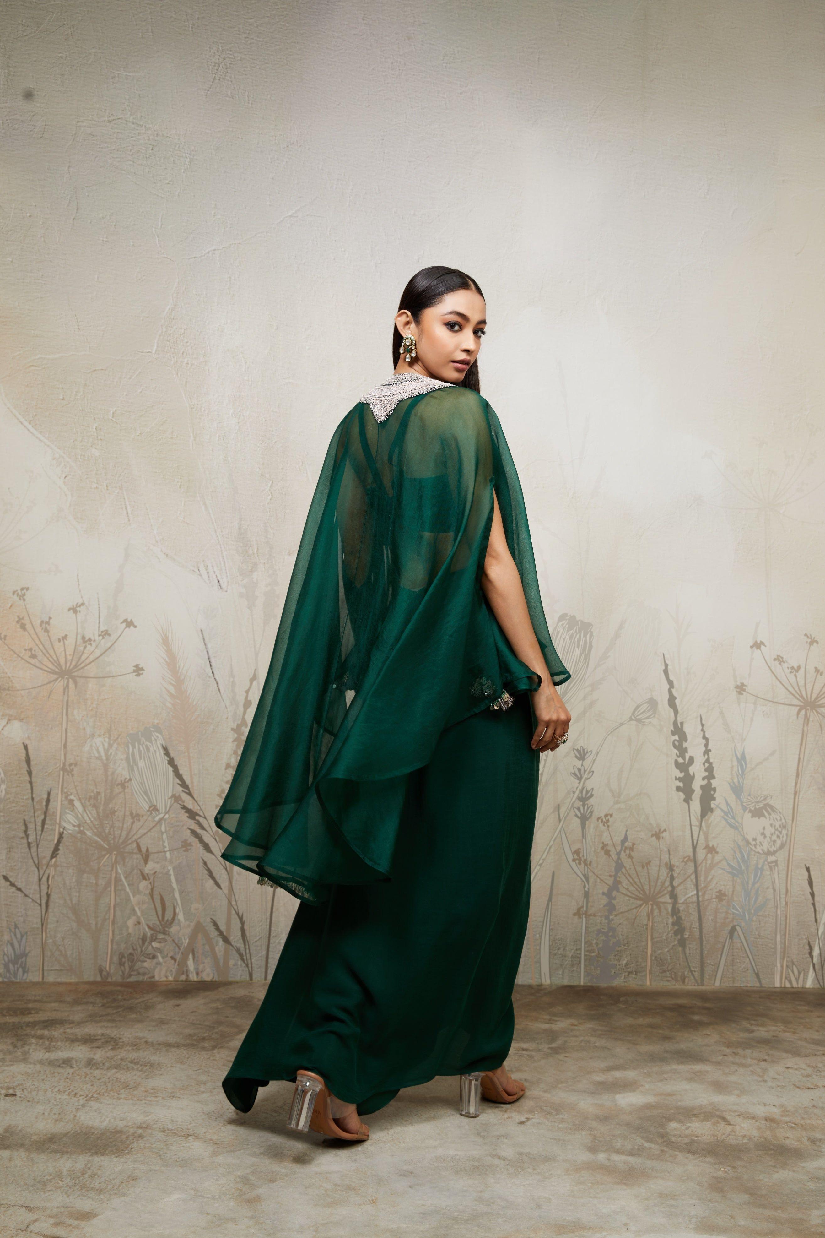 Bottle Green Umbrella Kaftan with Bustier and Drape Skirt Mokshaa