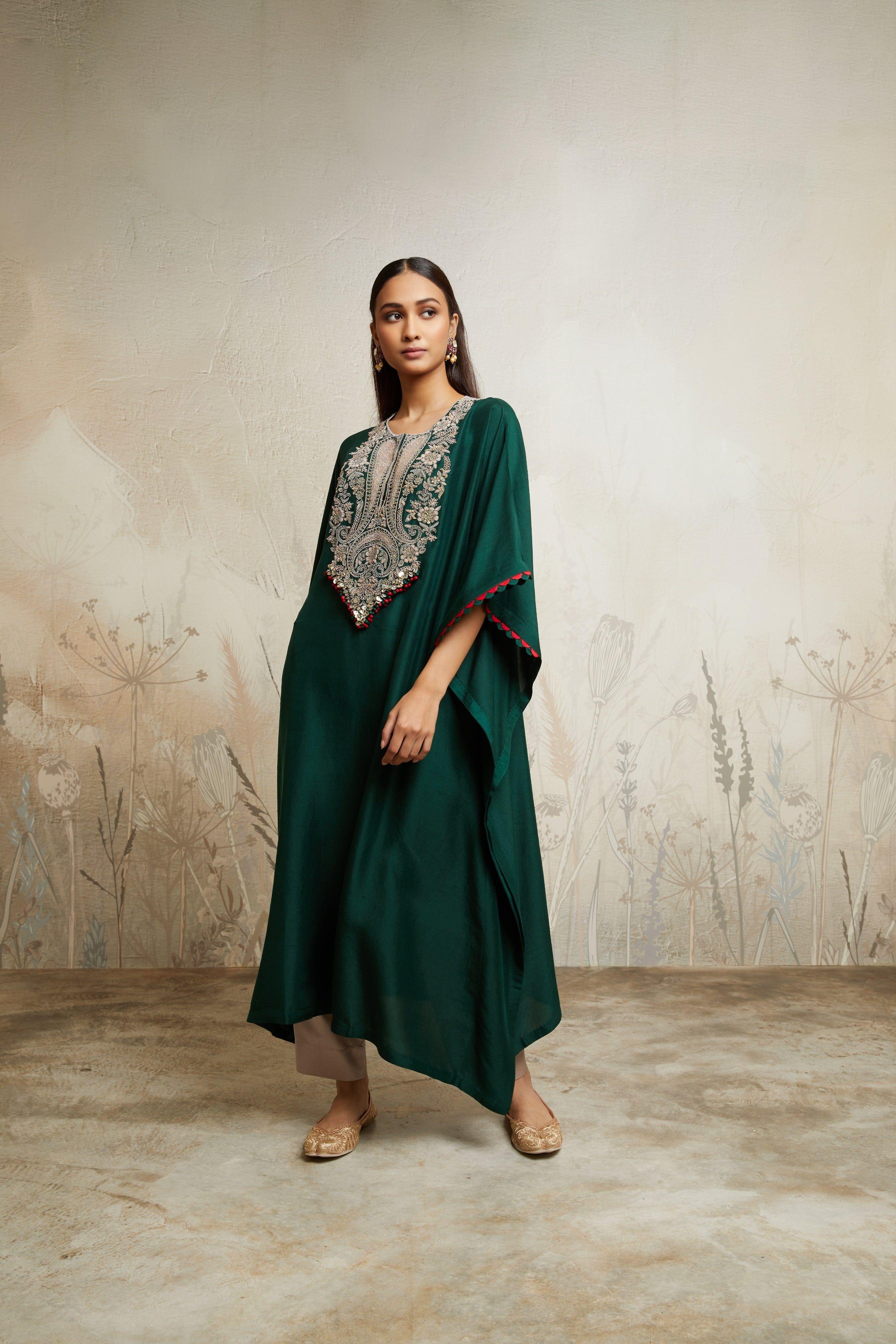 Bottle Green Kaftan with Straight Pants Mokshaa