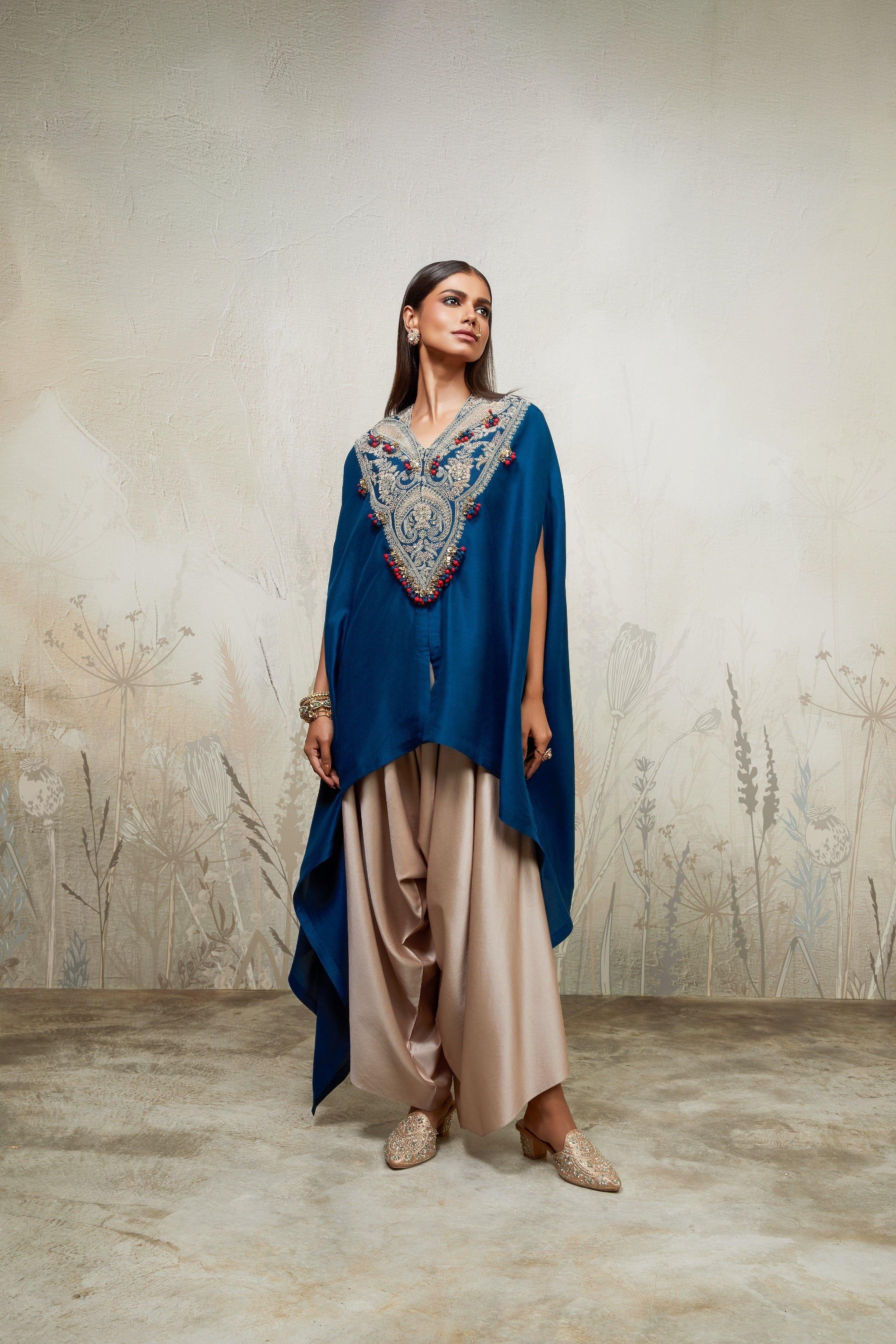 Blue V-Neck Kaftan with Asymmetric Pants Mokshaa