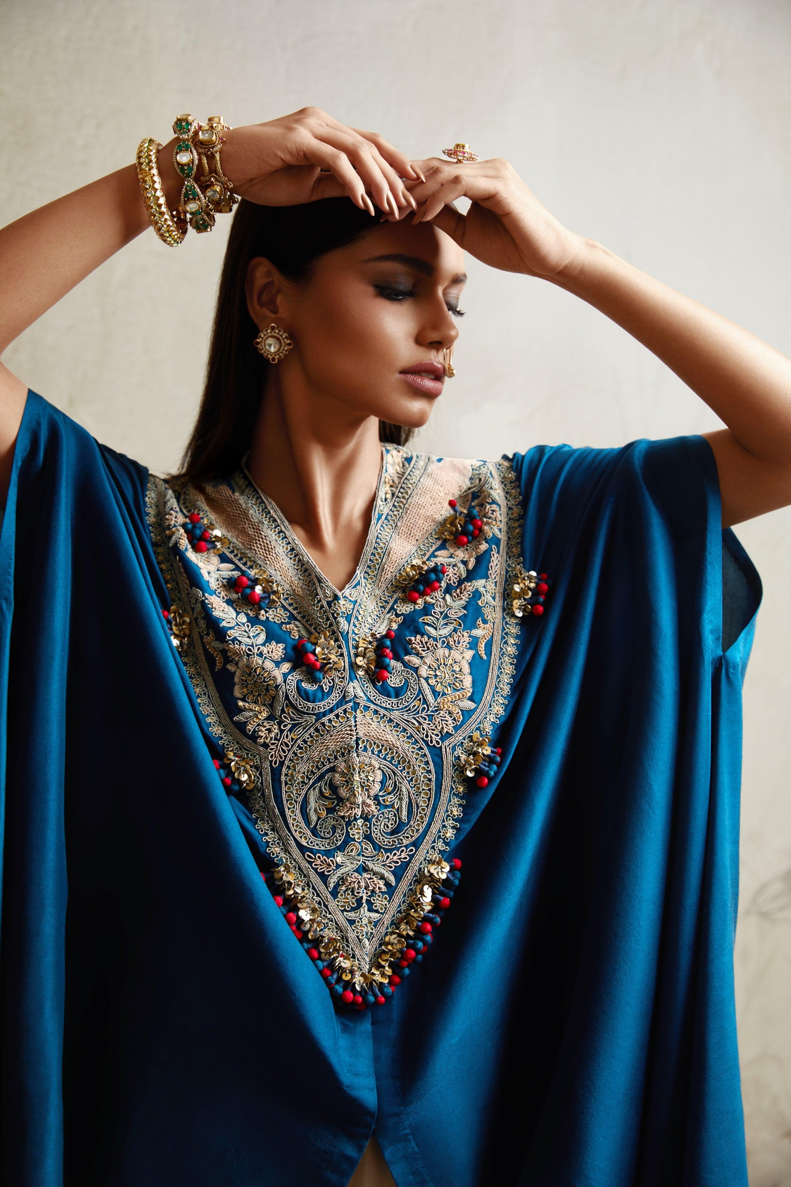 Blue V-Neck Kaftan with Asymmetric Pants Mokshaa