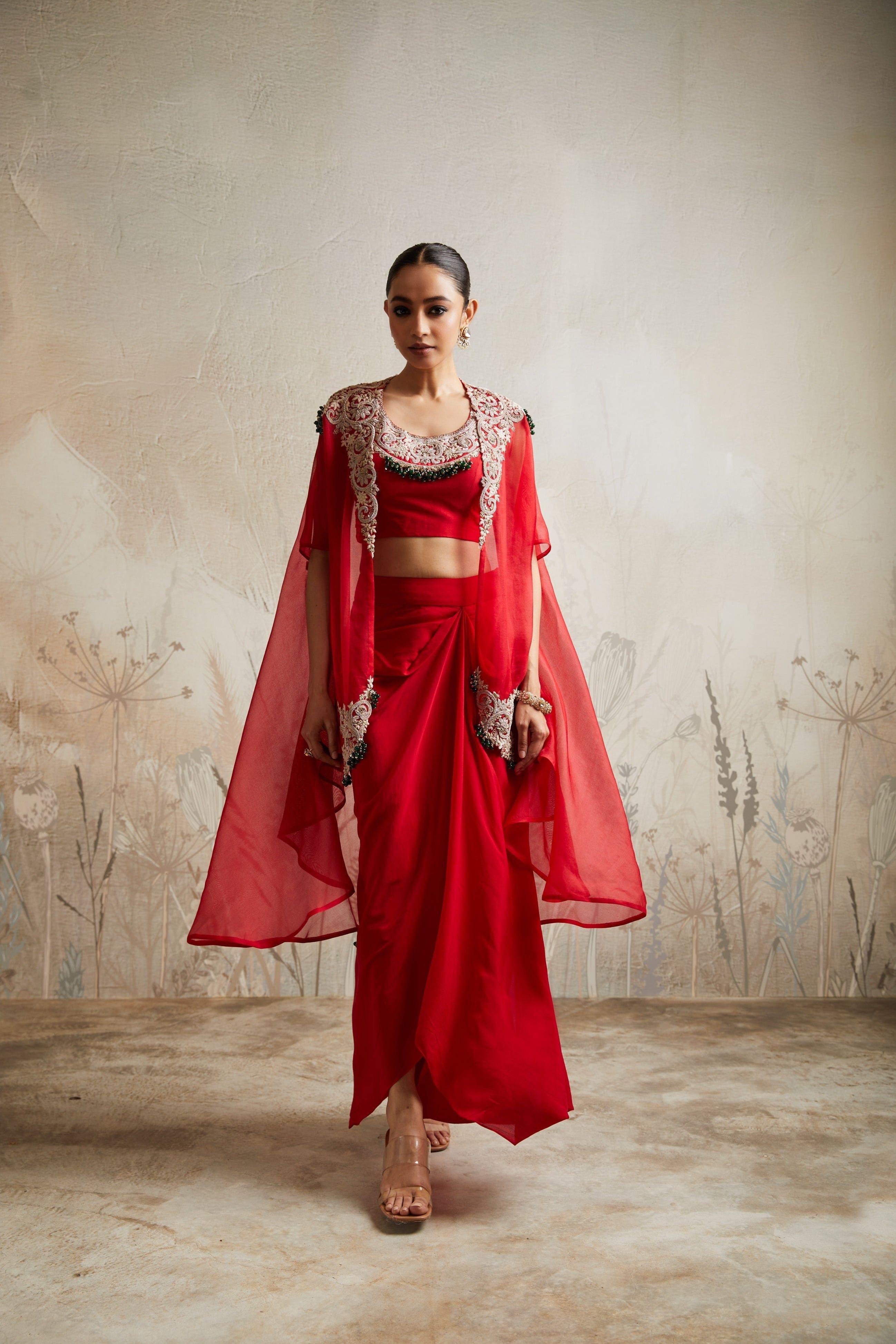 Red Blouse with Skirt and Cape Mokshaa