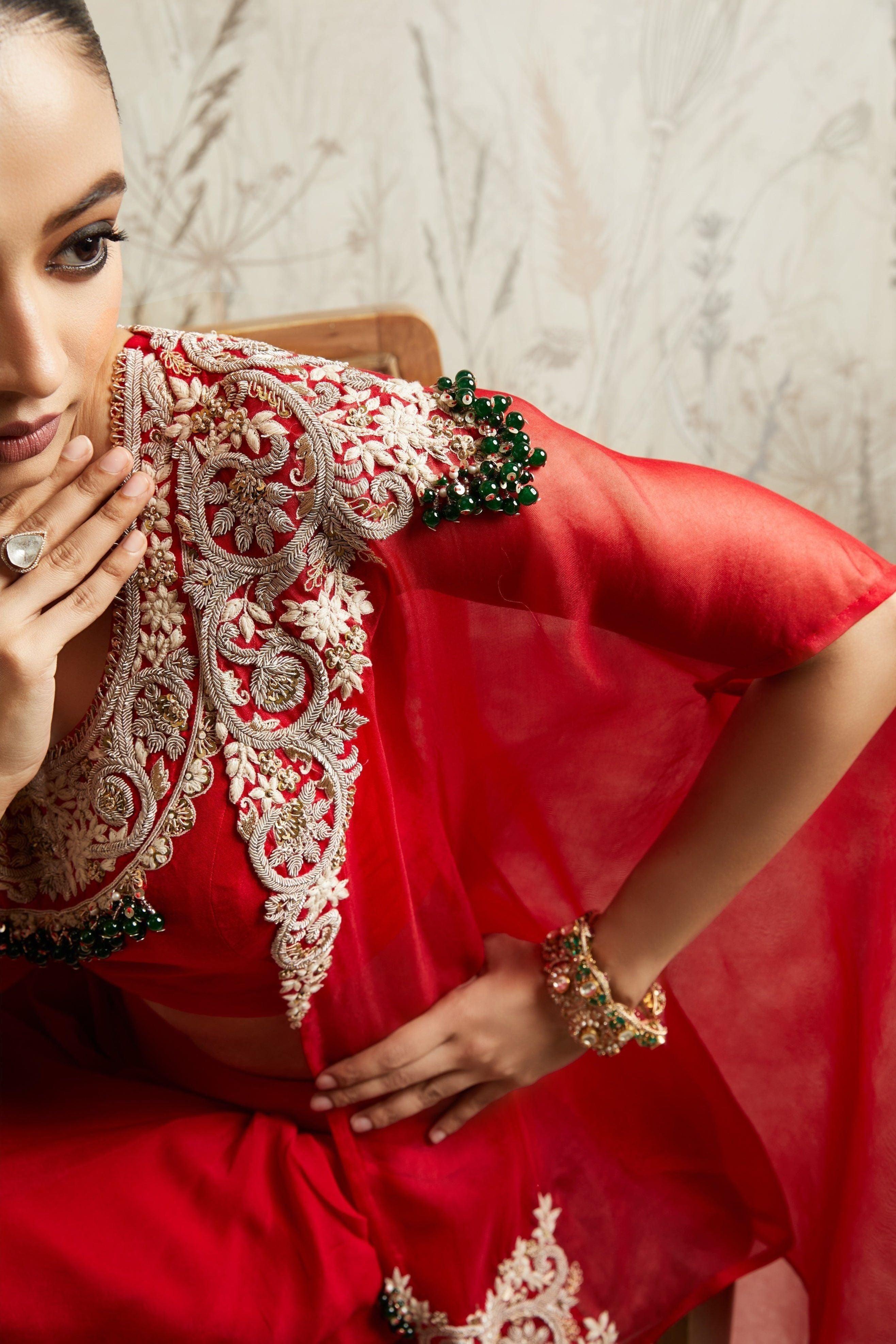 Red Blouse with Skirt and Cape Mokshaa