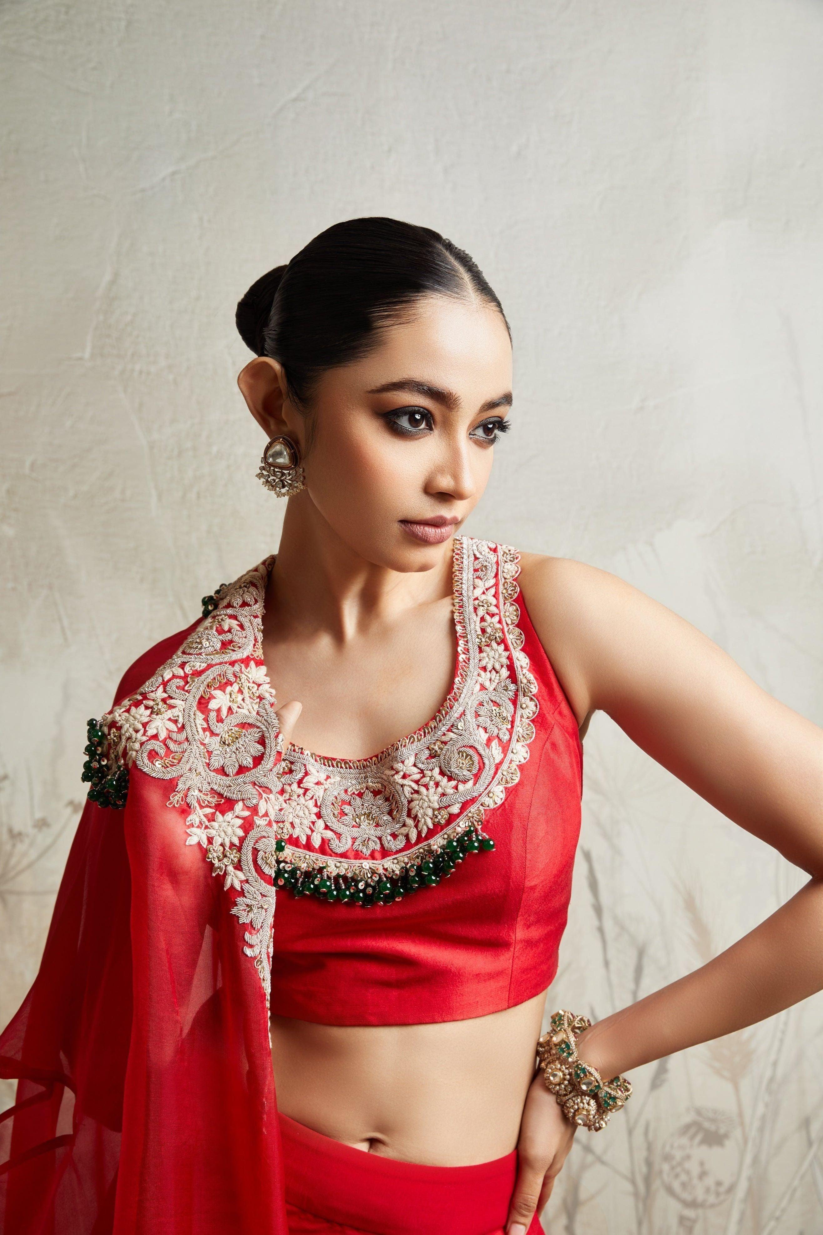 Red Blouse with Skirt and Cape Mokshaa
