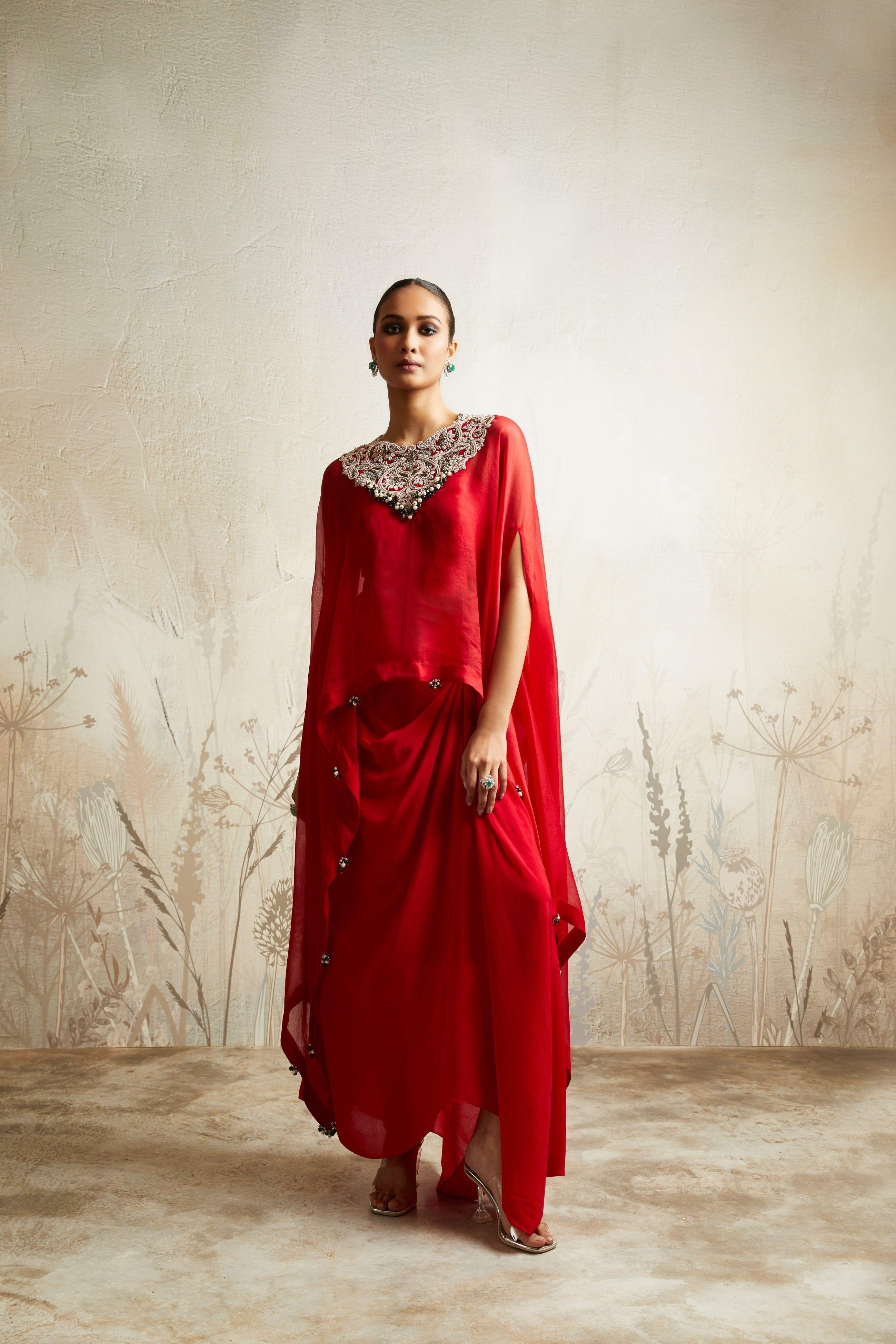 Red A-Line Kaftan with Bustier and Drape Skirt Mokshaa