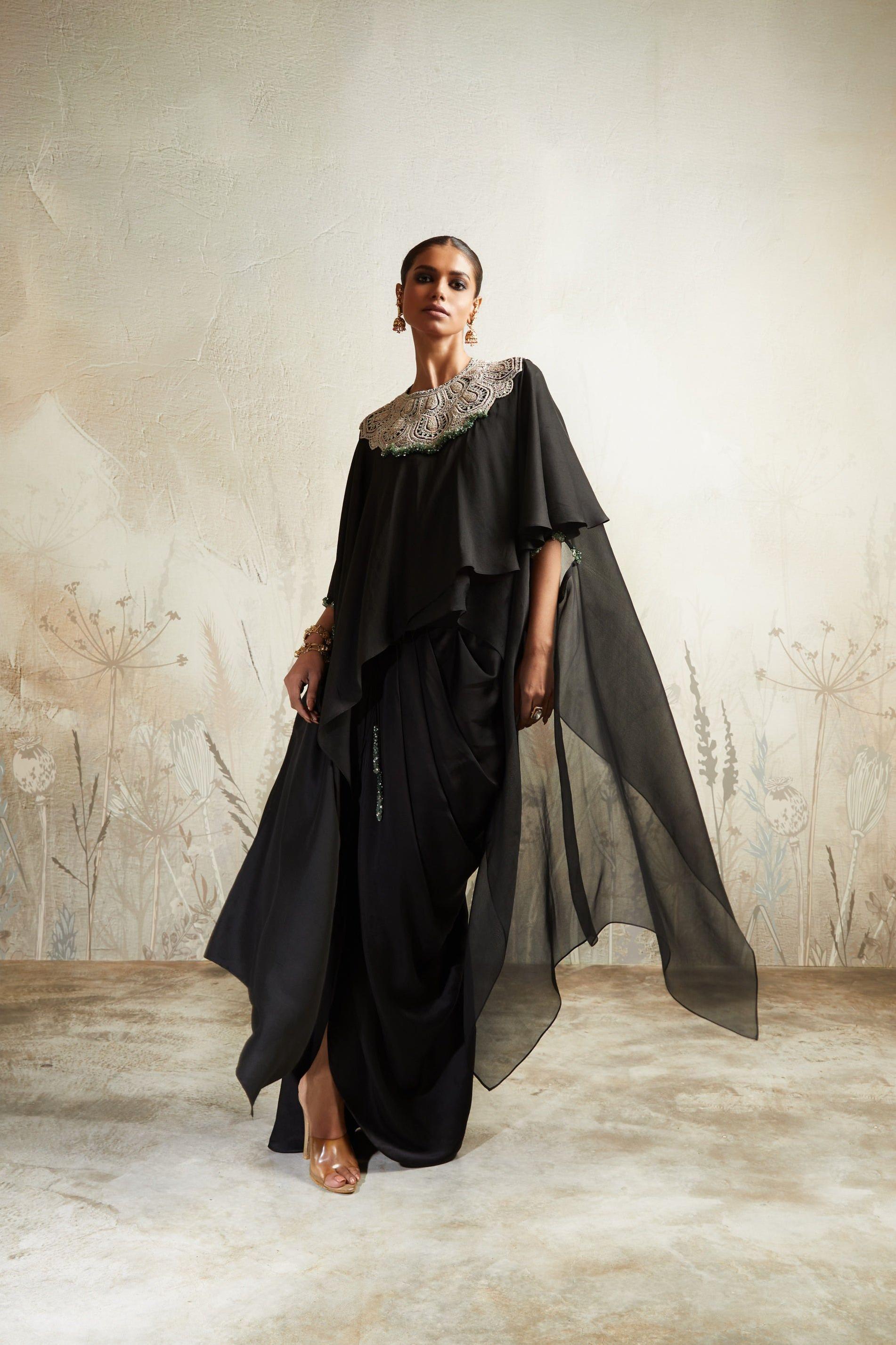 Black A-Line Kaftan with Drape Skirt Mokshaa