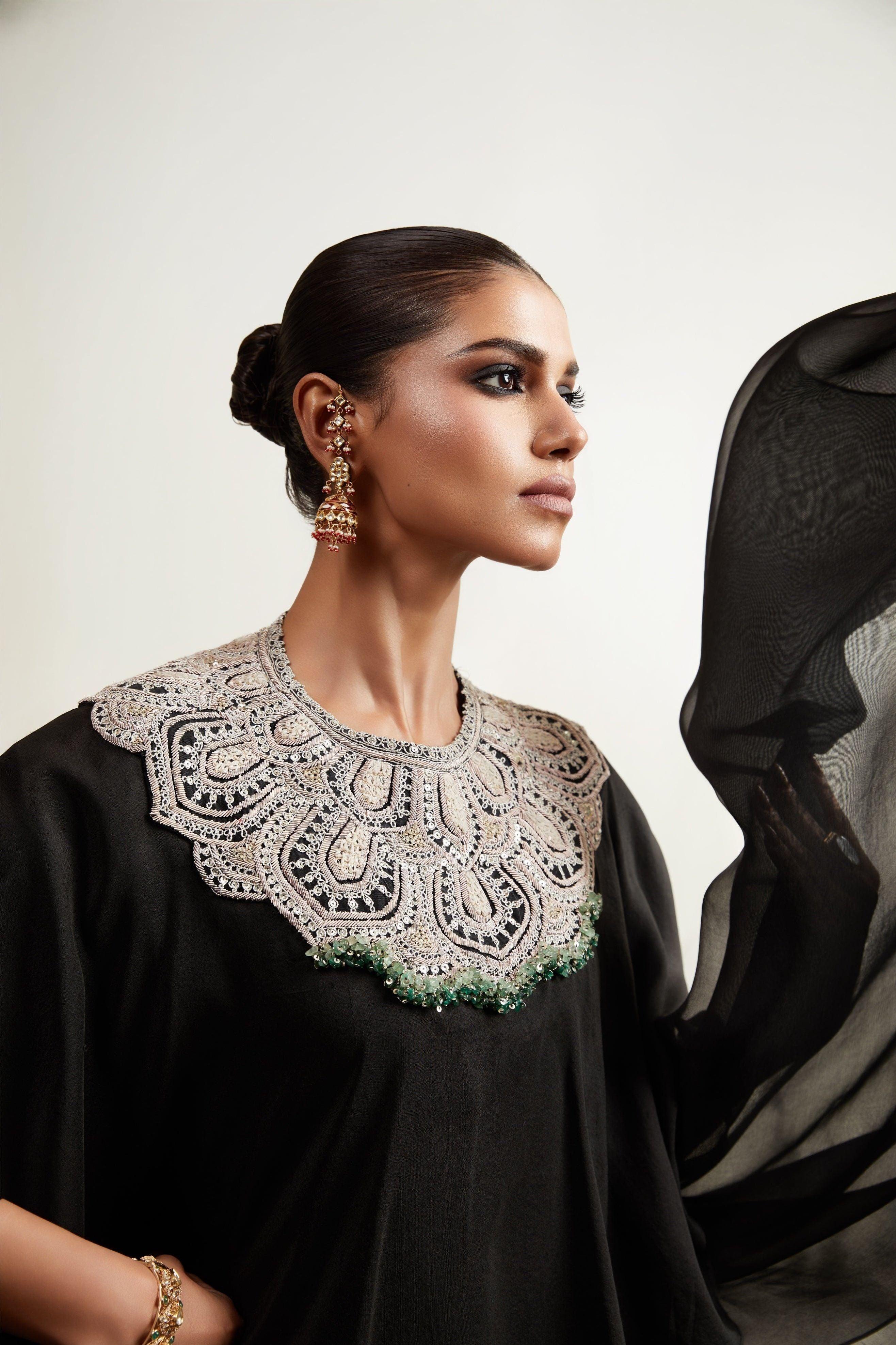 Black A-Line Kaftan with Drape Skirt Mokshaa