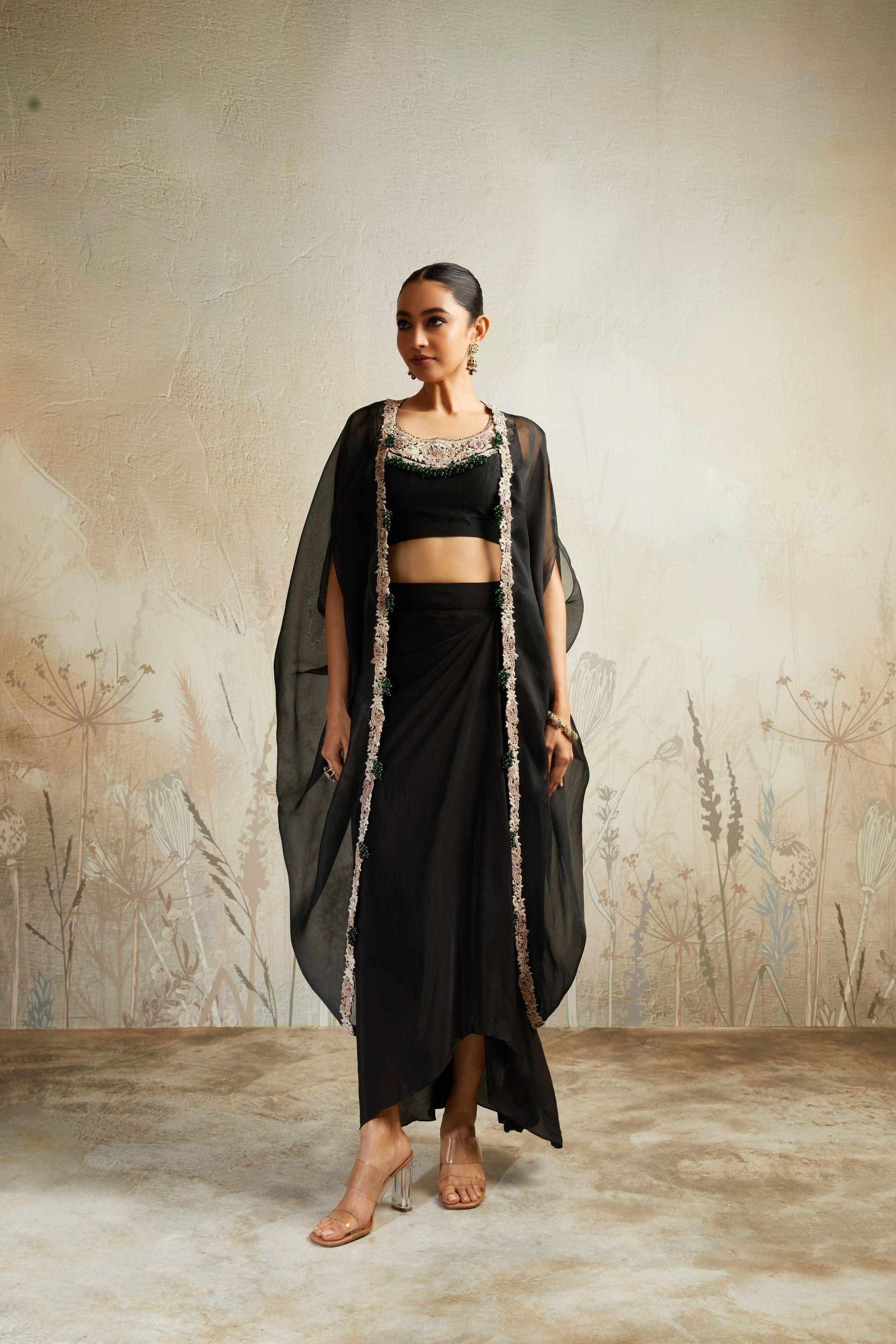 Black Blouse with Skirt and Cape Mokshaa
