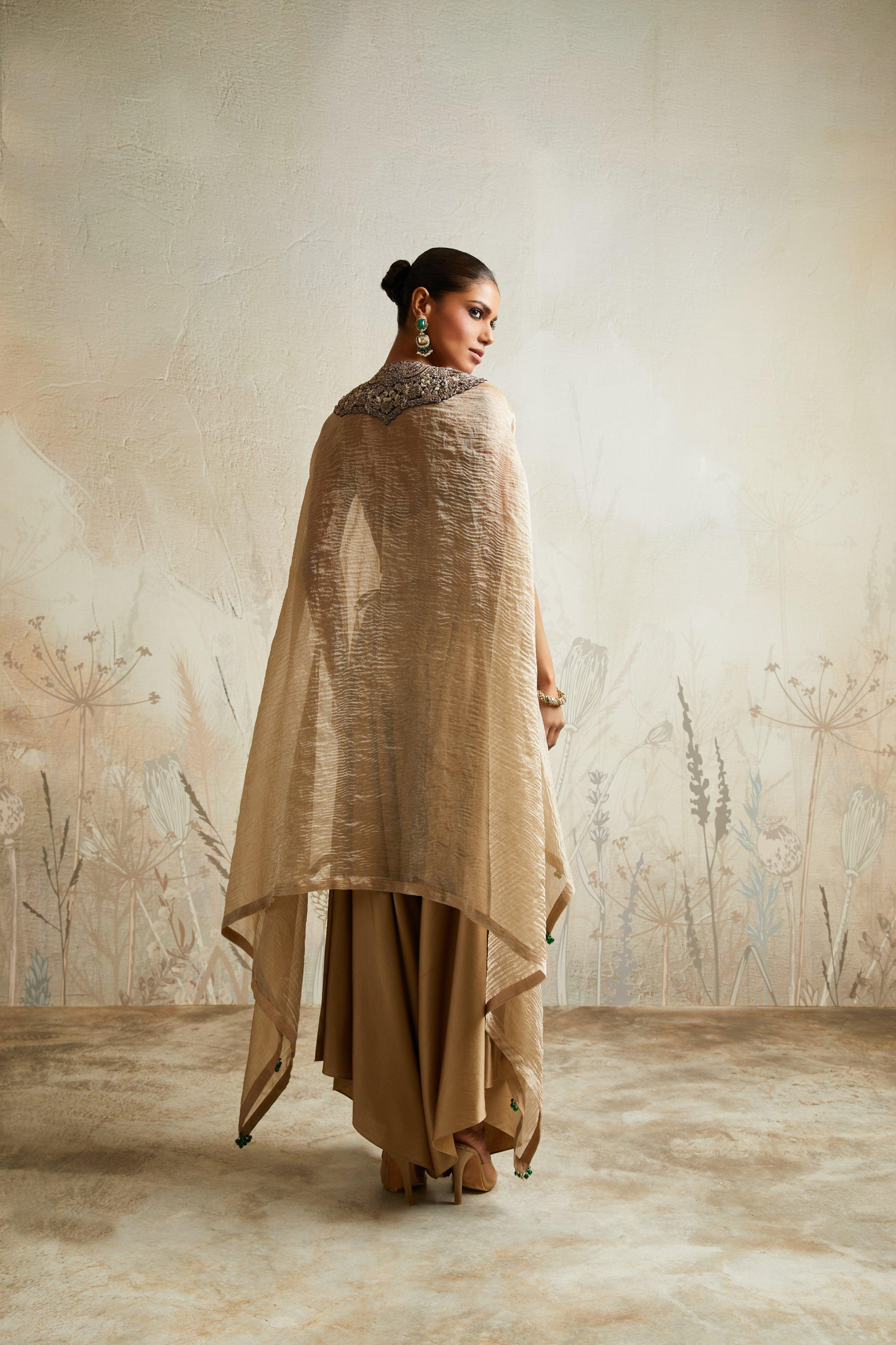 Champagne Kaftan with Bustier and Asymmetric Pants Mokshaa