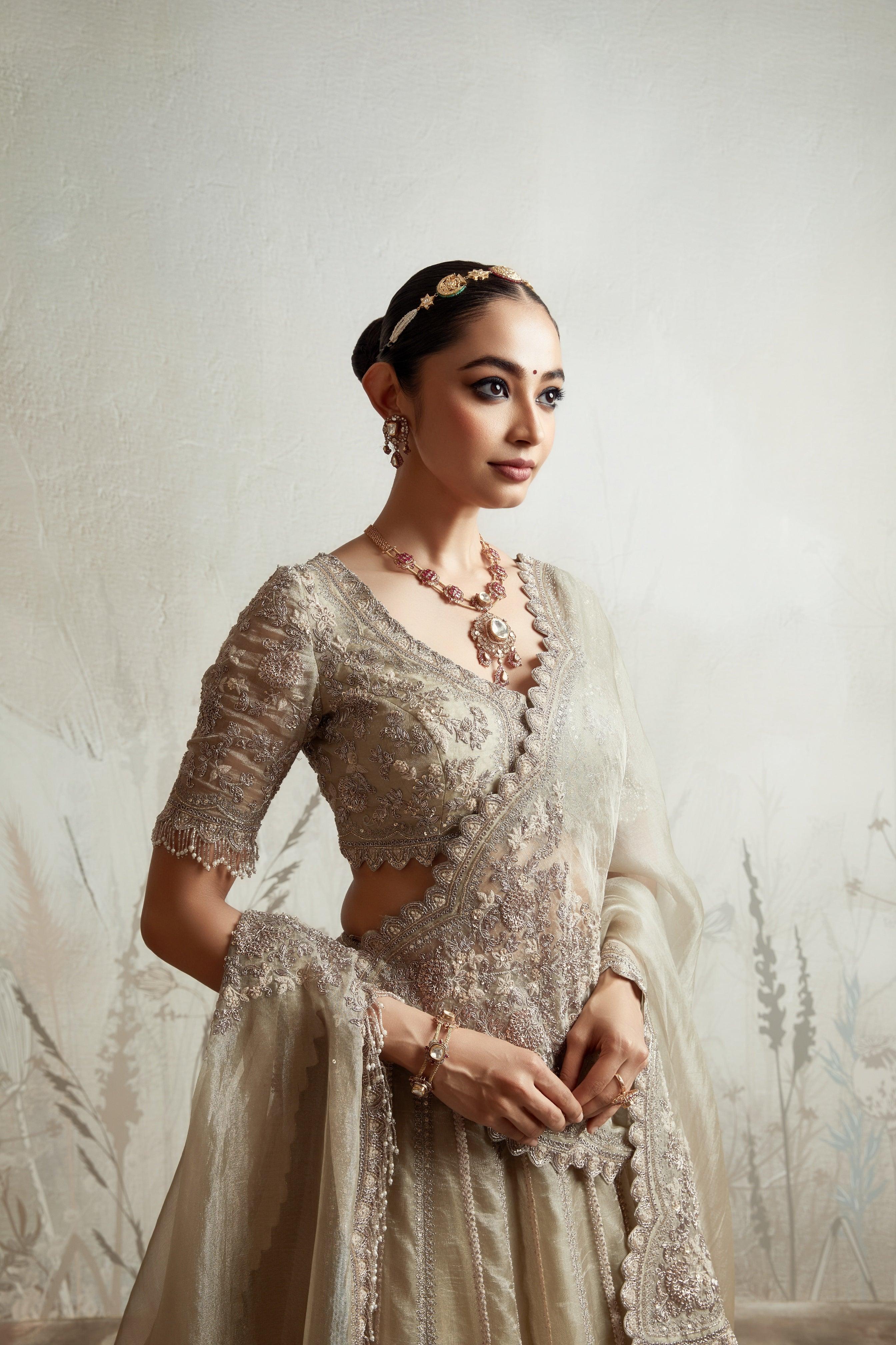 Beige Zardozi Embroidered Tissue Lehenga Set (Copy) Mokshaa