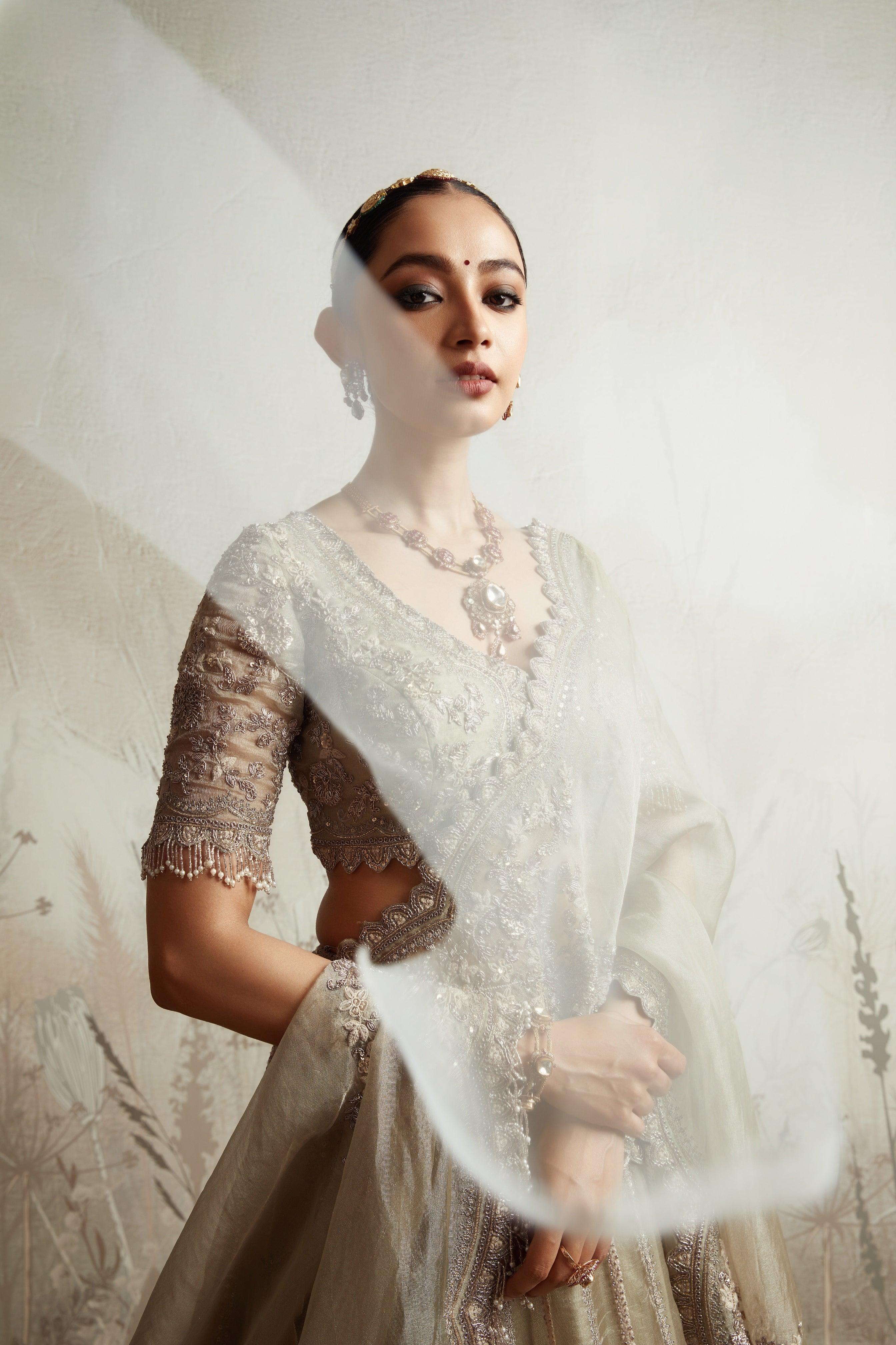 Beige Zardozi Embroidered Tissue Lehenga Set (Copy) Mokshaa