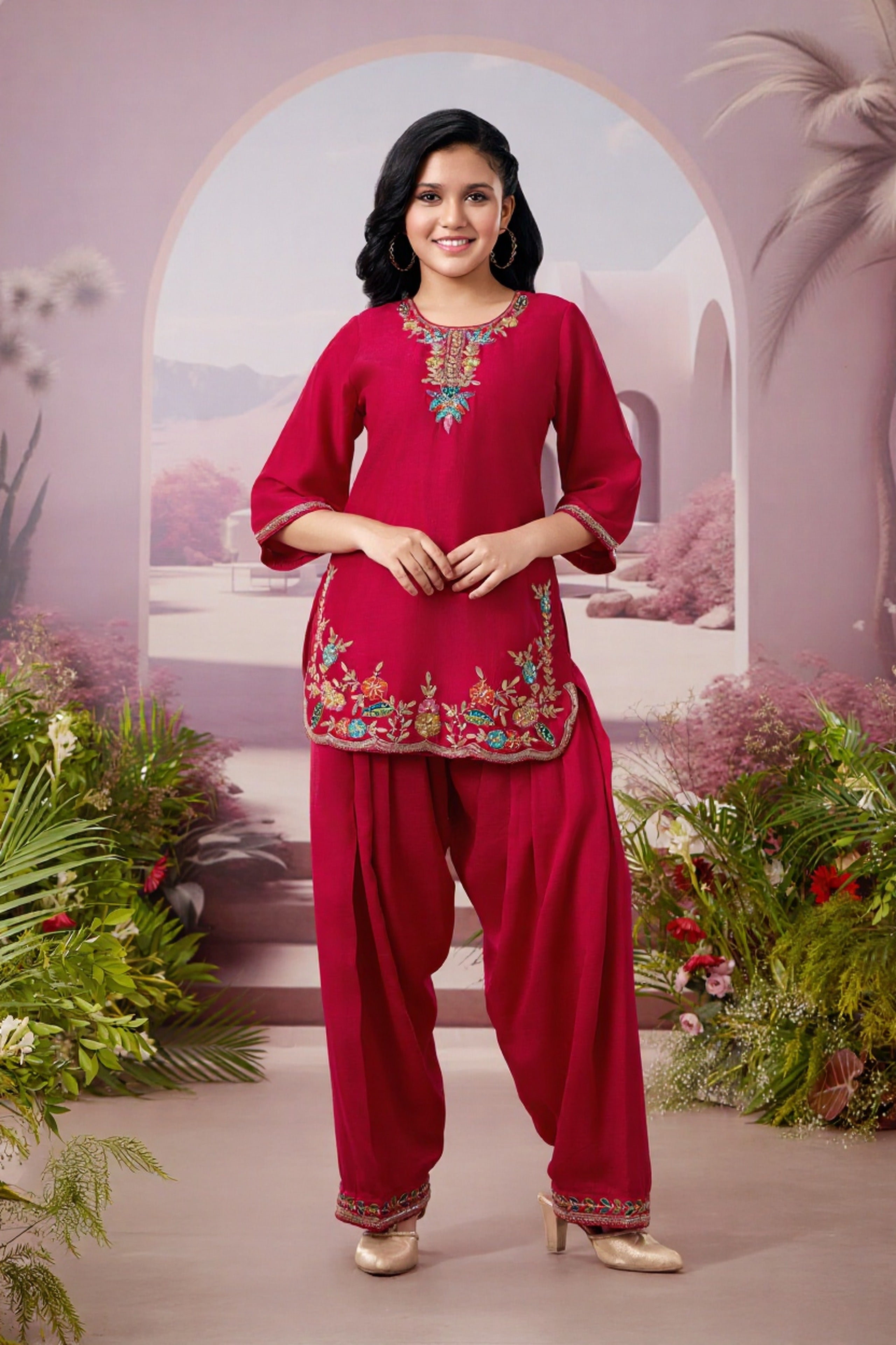 Rani Pink Georgette Patiala Suit with Floral Thread & Sequin Embroidery