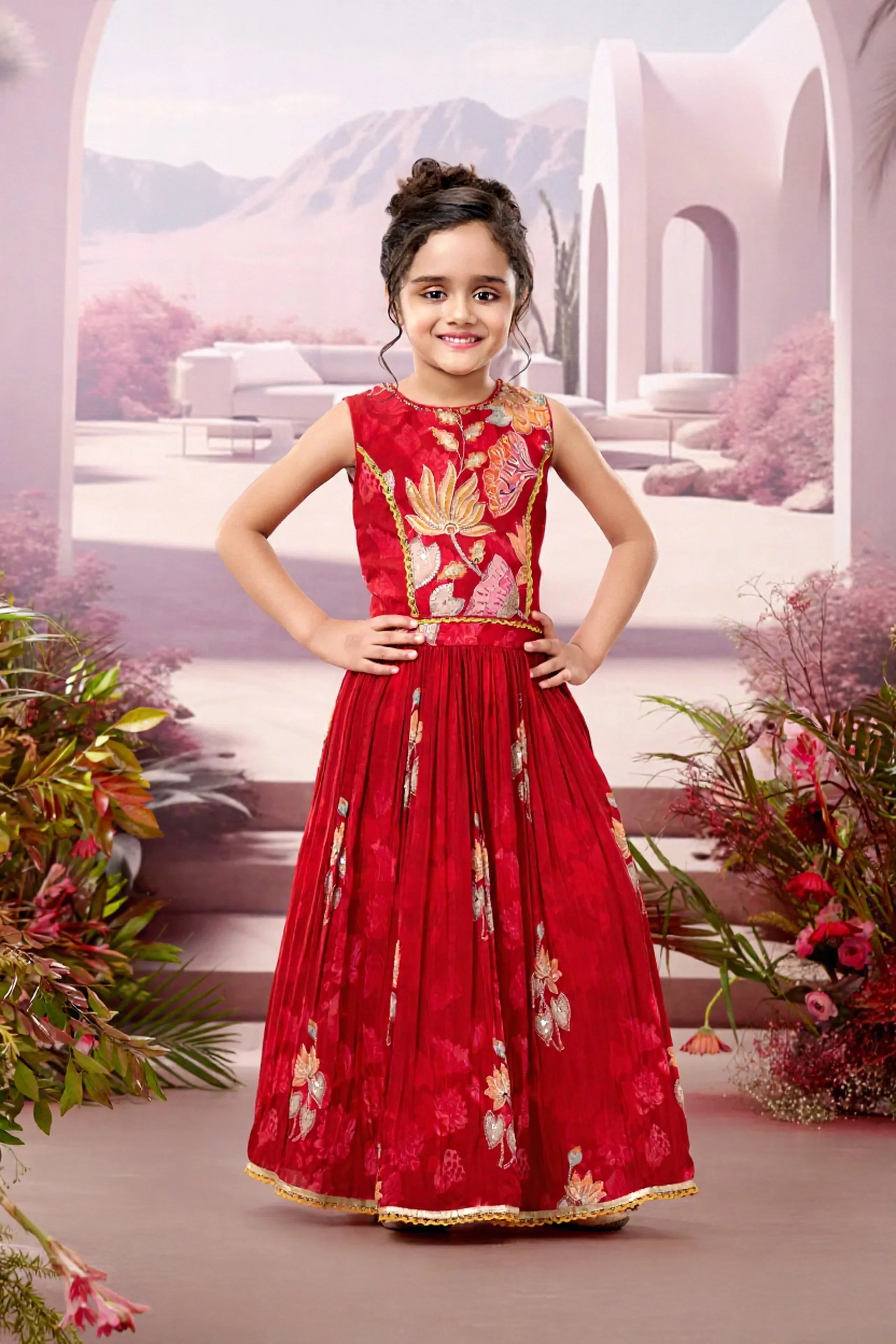 Red Printed Lehenga Set for Girls | Mokshaa