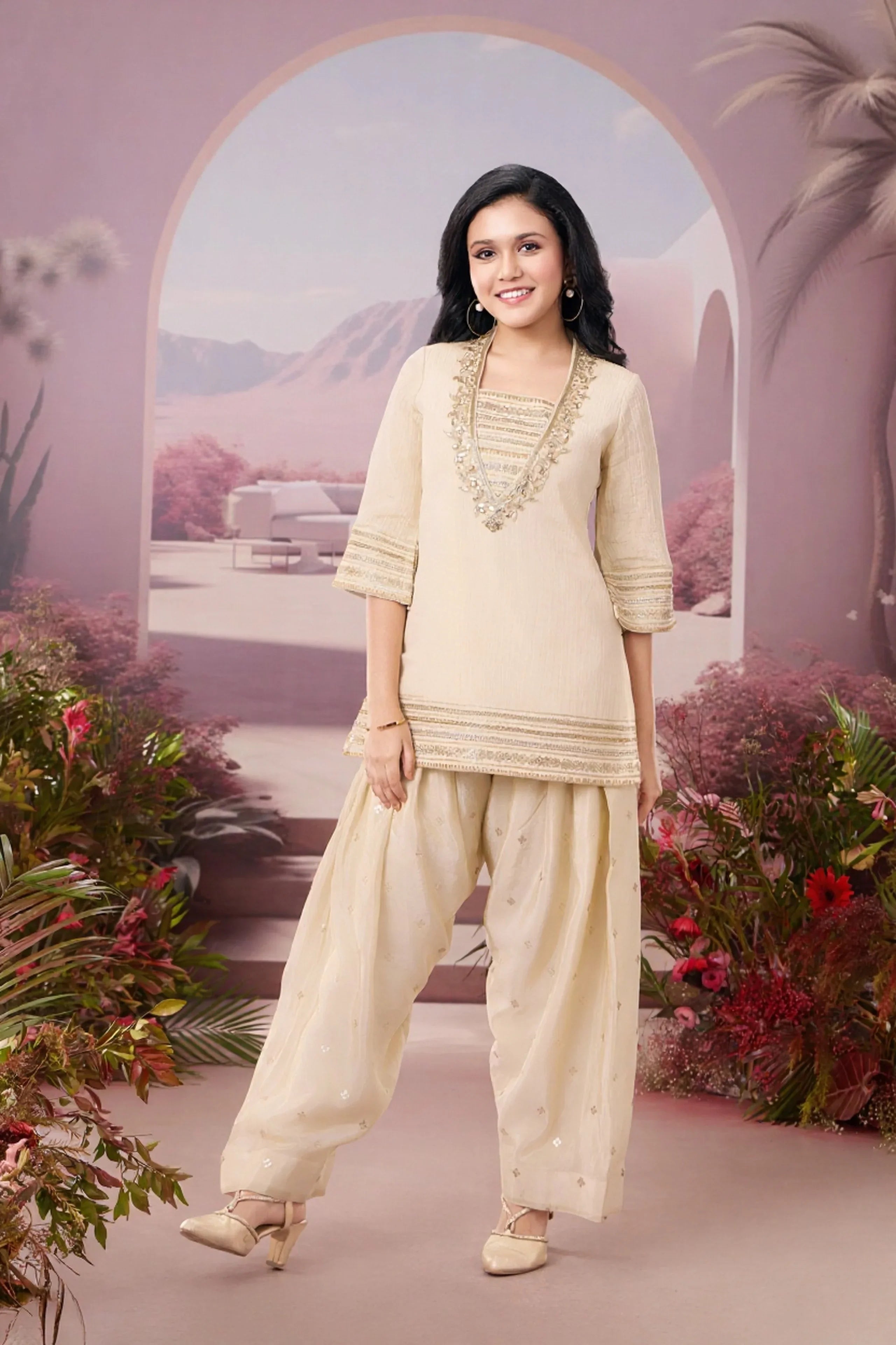 Ivory Embroidered Kurta with Dhoti Pant Set | Mokshaa