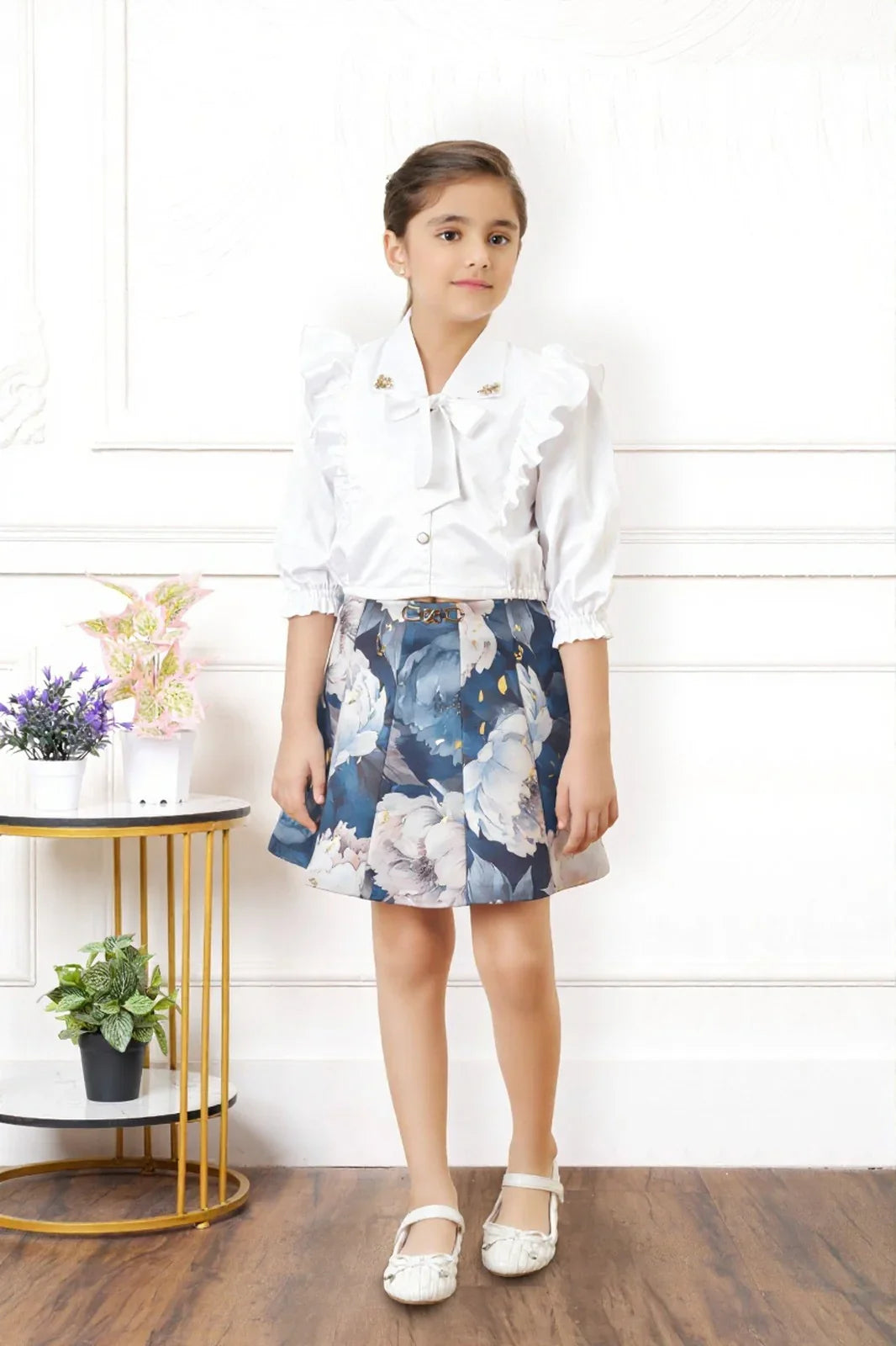 Ivory Ruffle Shirt & Floral Skirt Set | Mokshaa