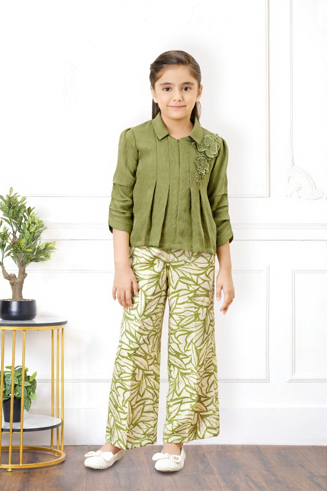 Olive Green Pleated Top & Printed Pant Set