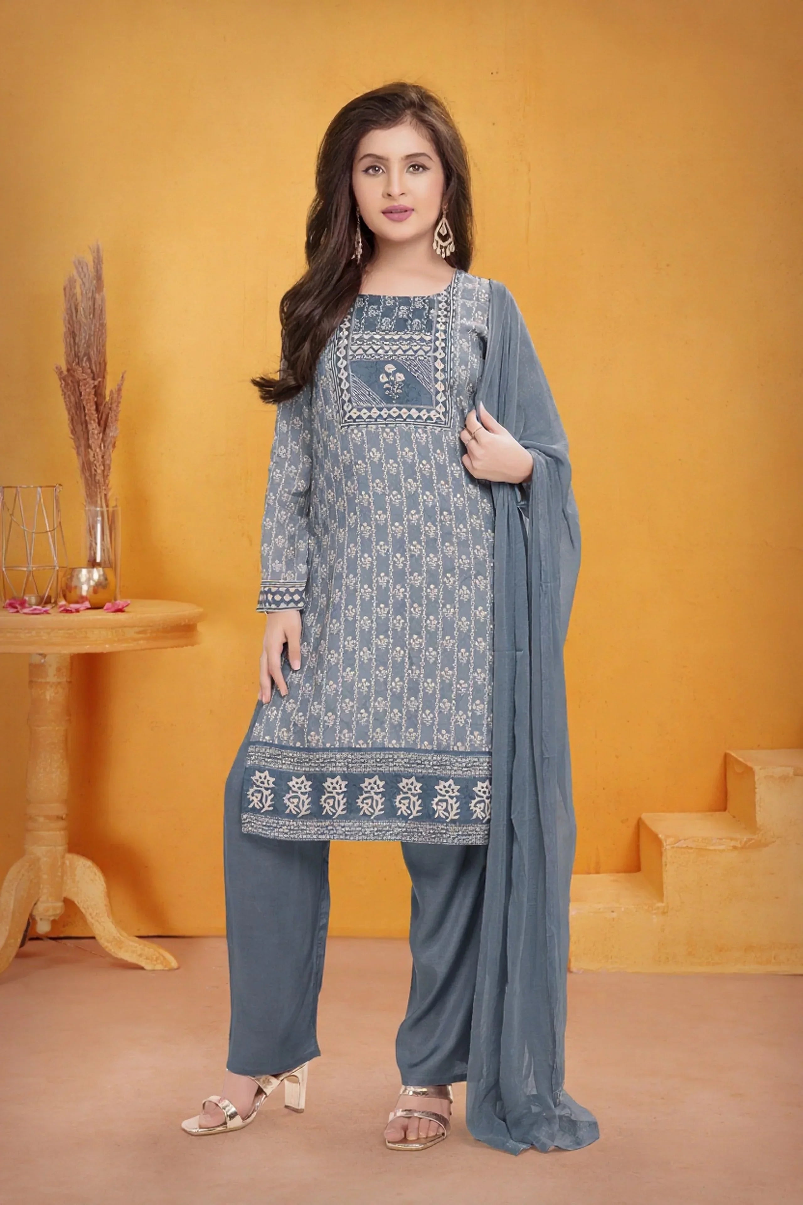 Steel Blue Printed Kurti Pant Set | Mokshaa