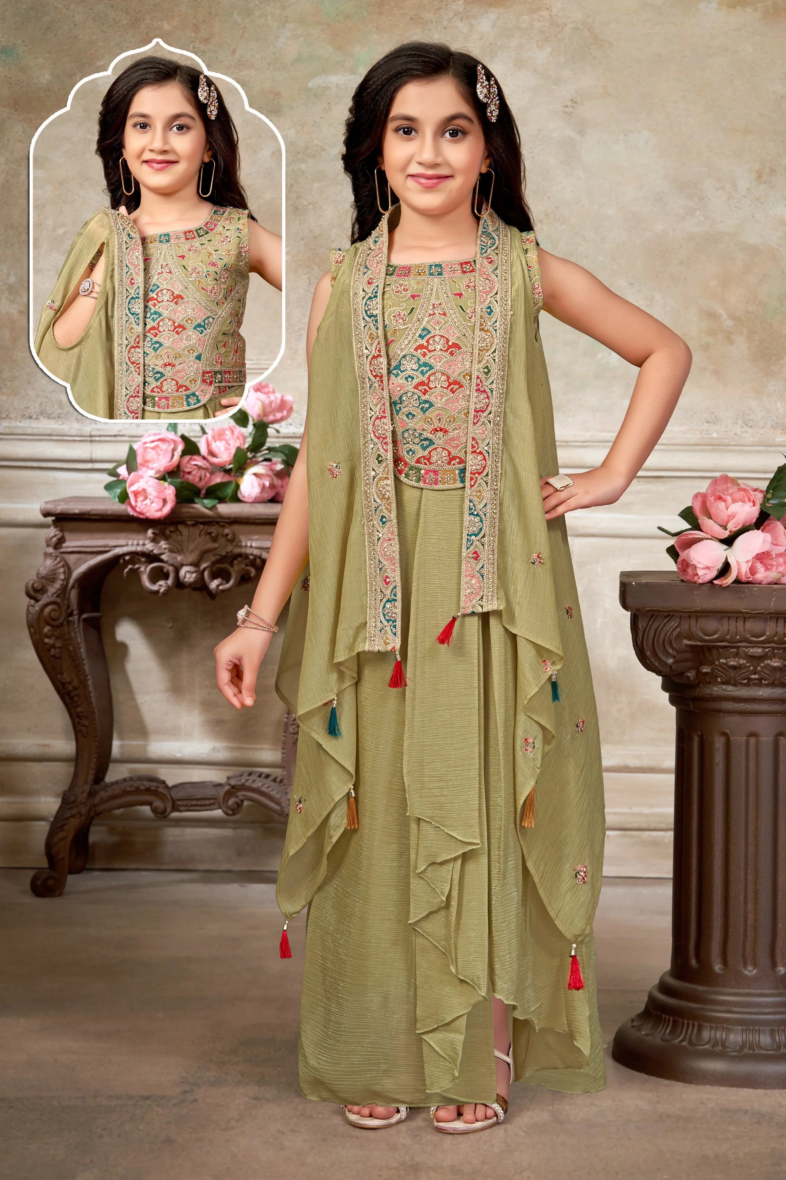 Sage Green Embroidered Skirt Set | Mokshaa