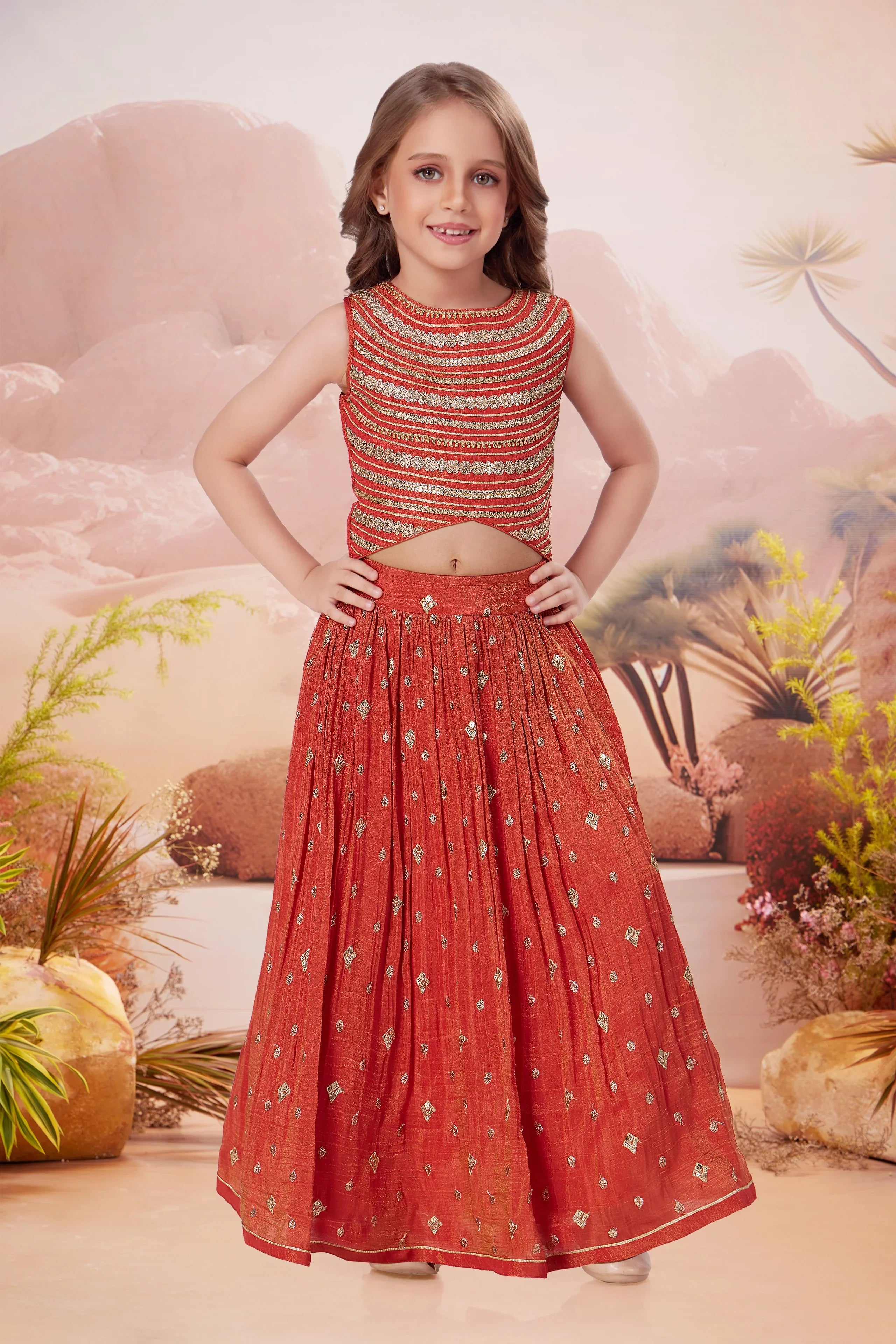 Rust Orange Embellished Lehenga Set | Mokshaa