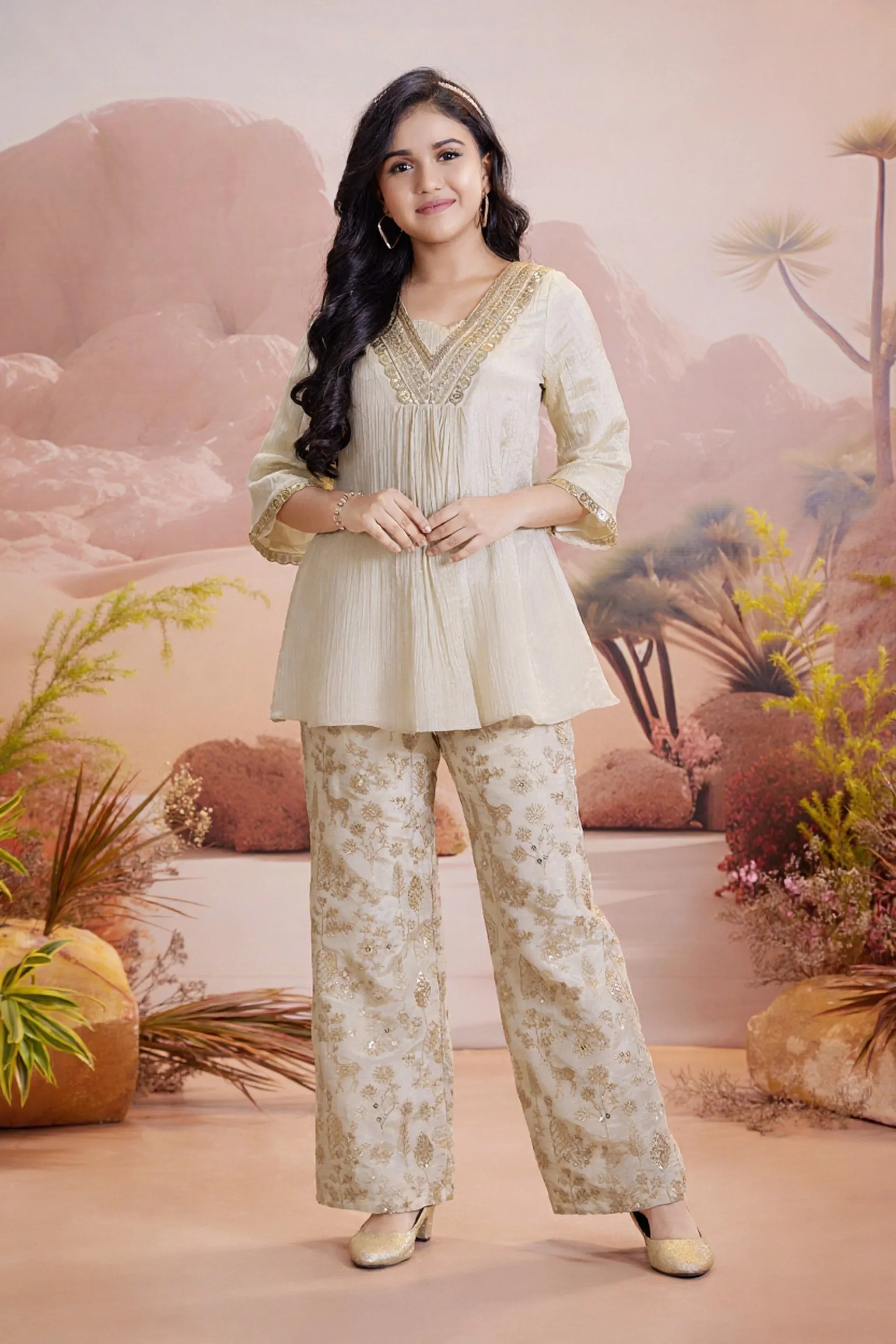 Ivory Gold Embroidered Kurti Pant Set For Girls | Mokshaa